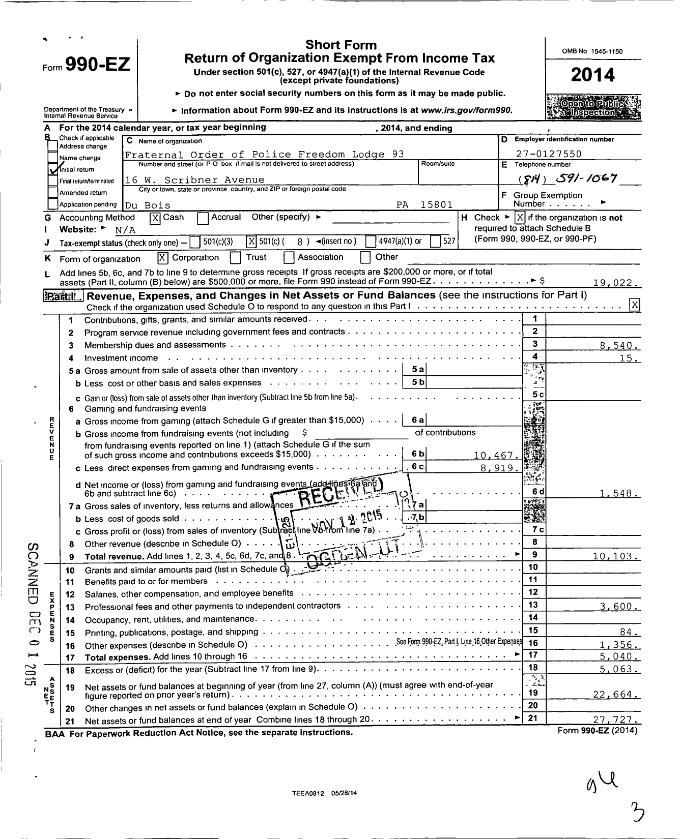 Image of first page of 2014 Form 990EO for Freedom Lodge 93 Fraternal Order of Police