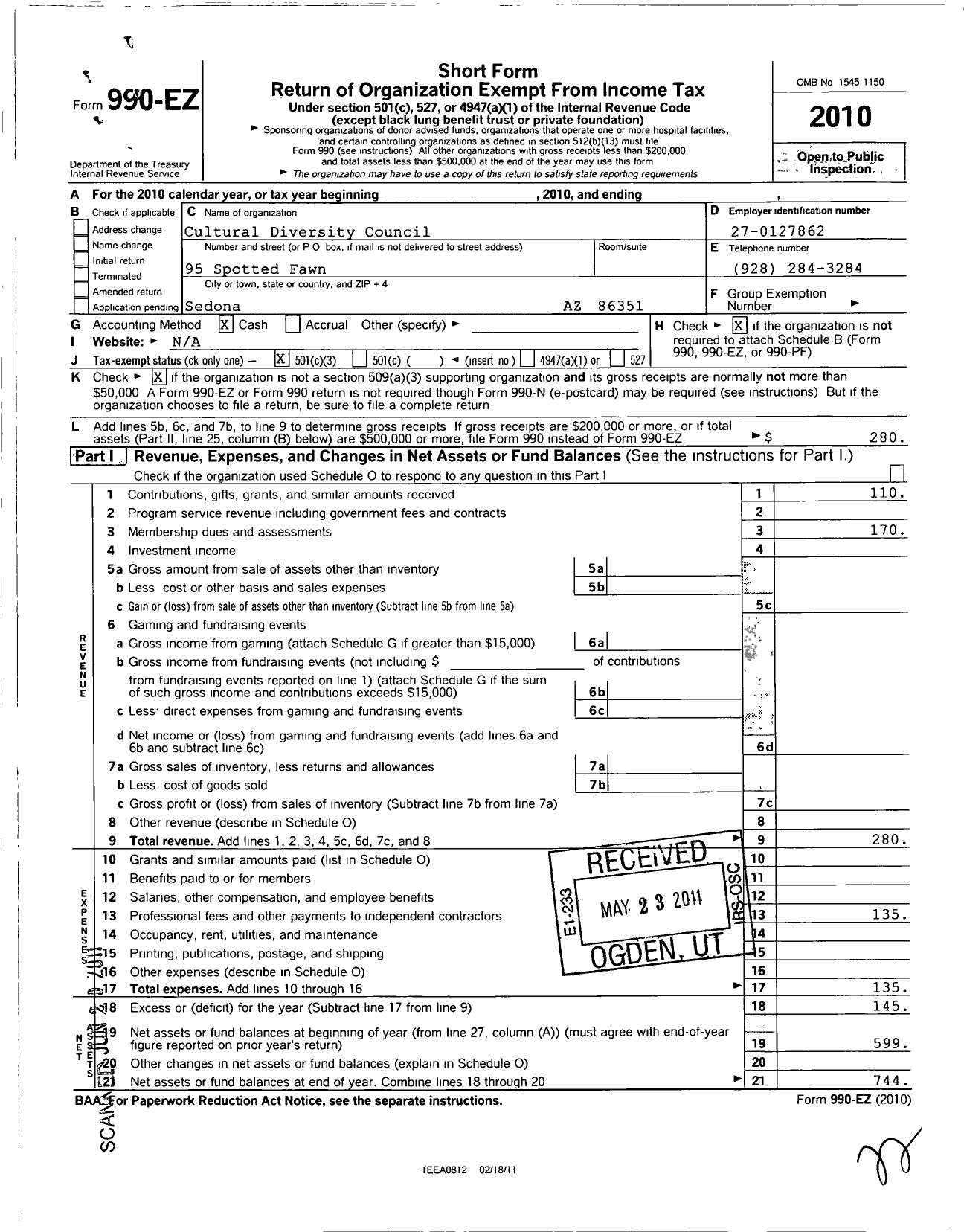 Image of first page of 2010 Form 990EZ for Northern Arizona Restorative Justice