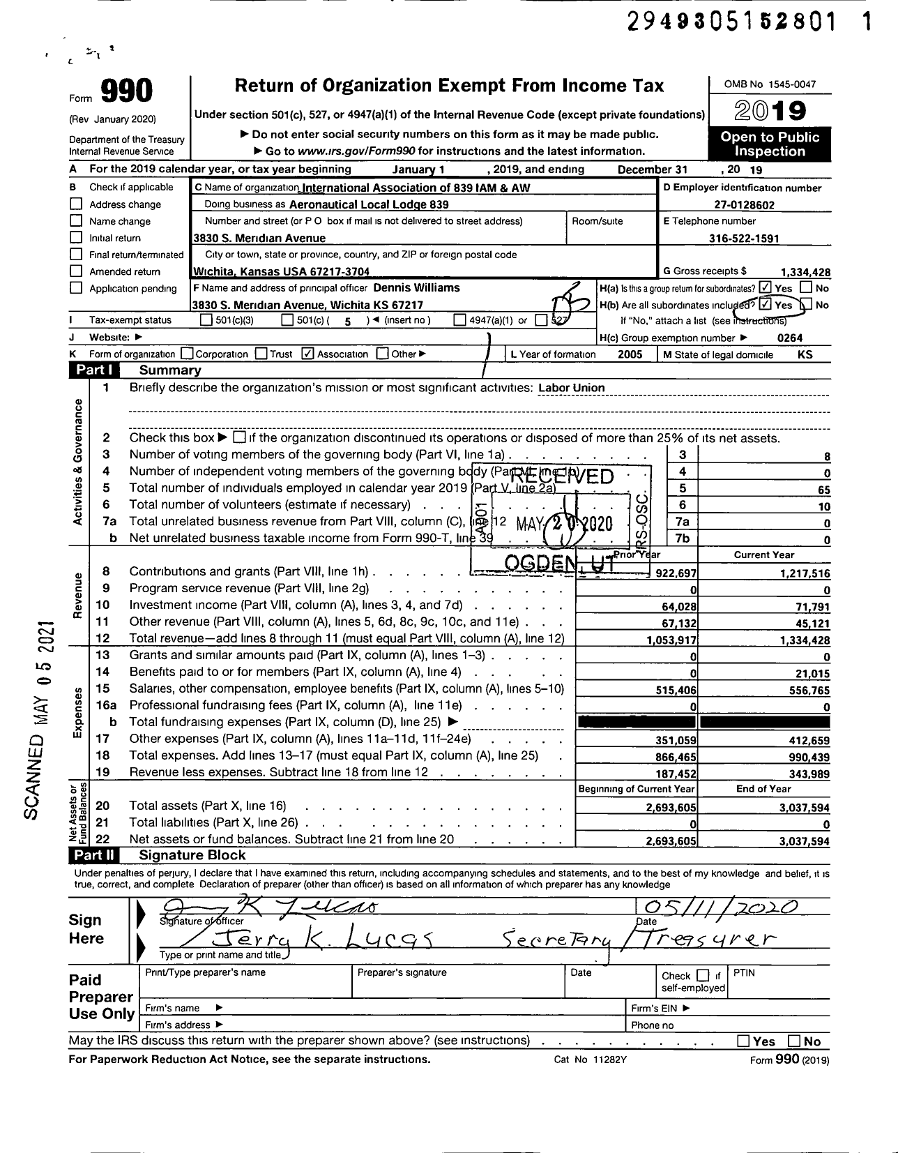 Image of first page of 2019 Form 990O for International Association of Machinists and Aerospace Workers - Ll839iam&aw