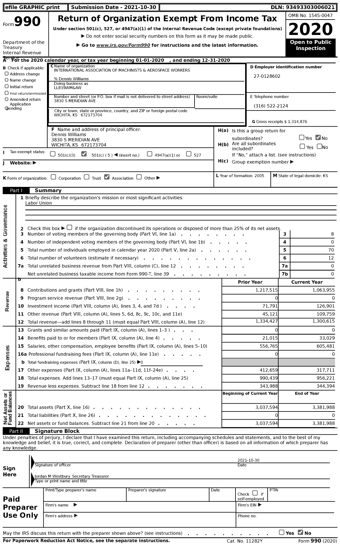 Image of first page of 2020 Form 990 for International Association of Machinists and Aerospace Workers - Ll839iam&aw