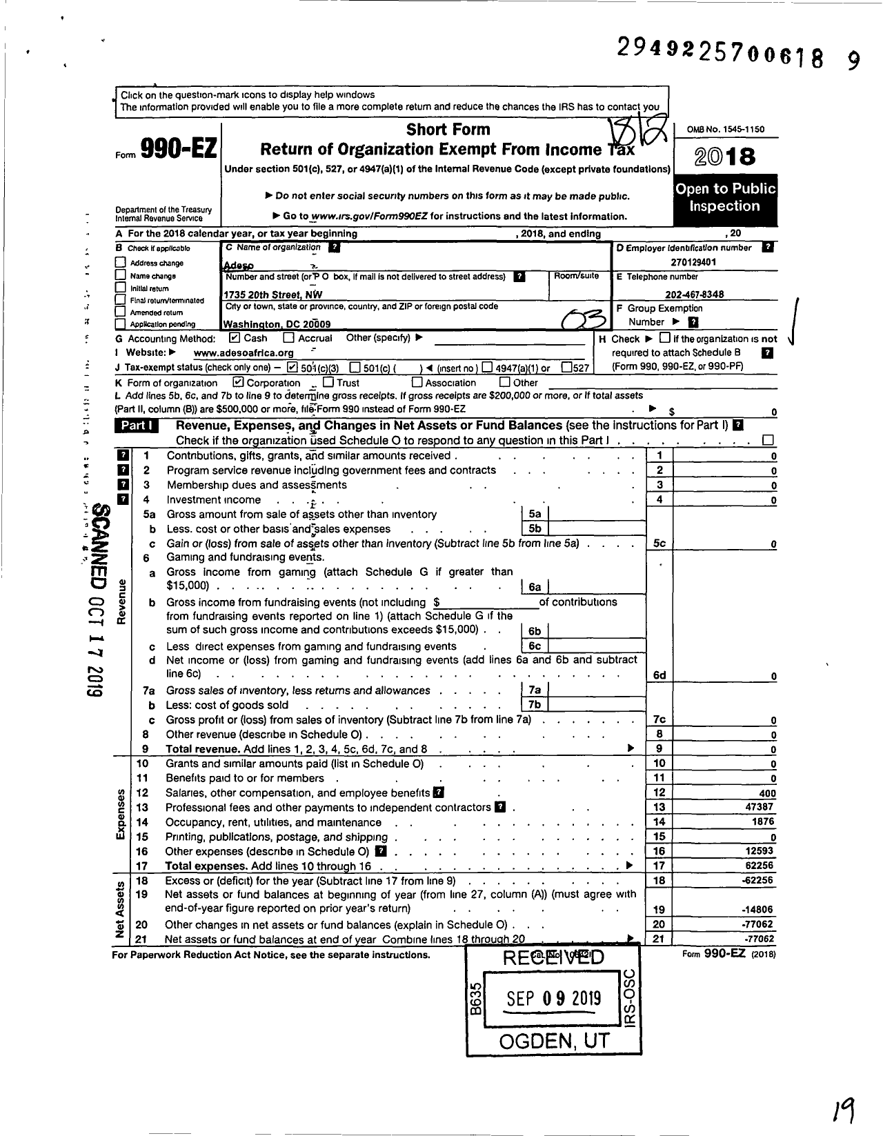 Image of first page of 2018 Form 990EZ for Adeso