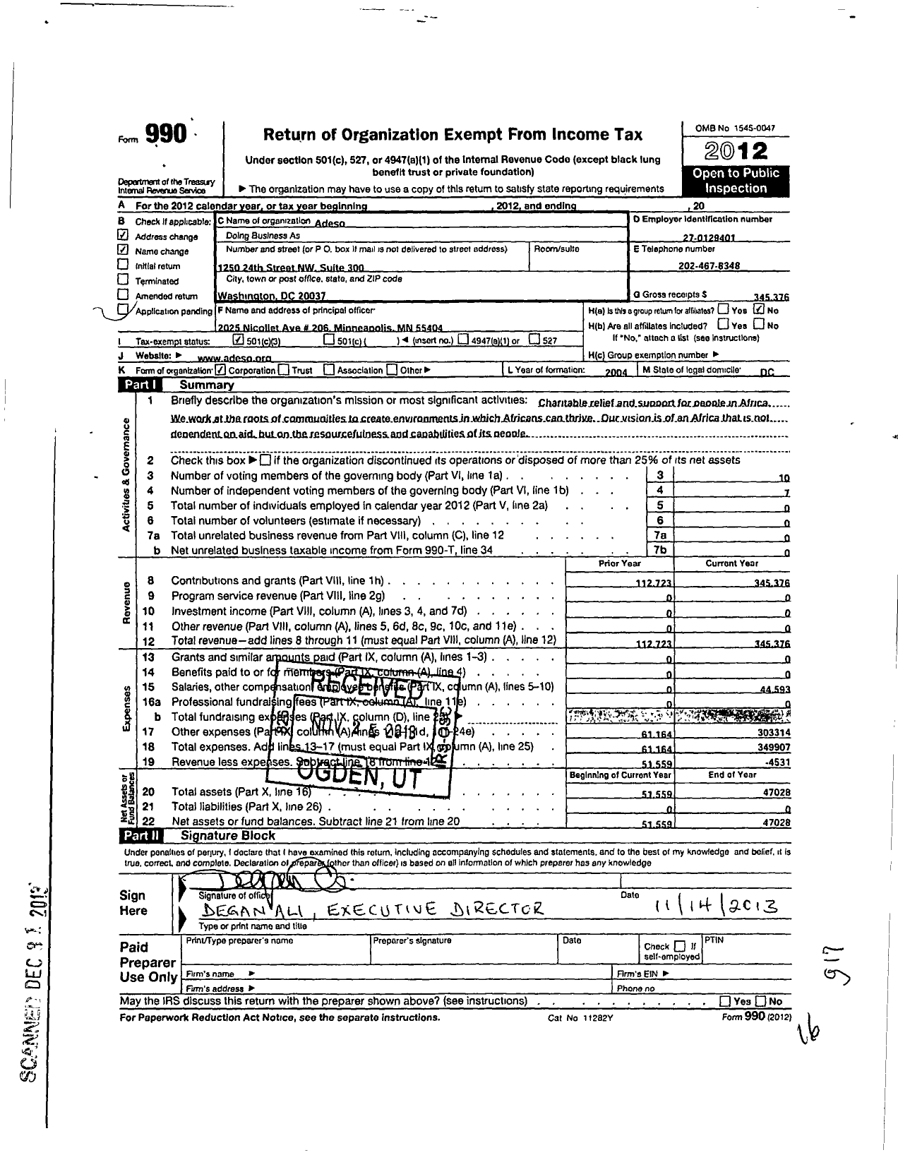 Image of first page of 2012 Form 990 for Adeso