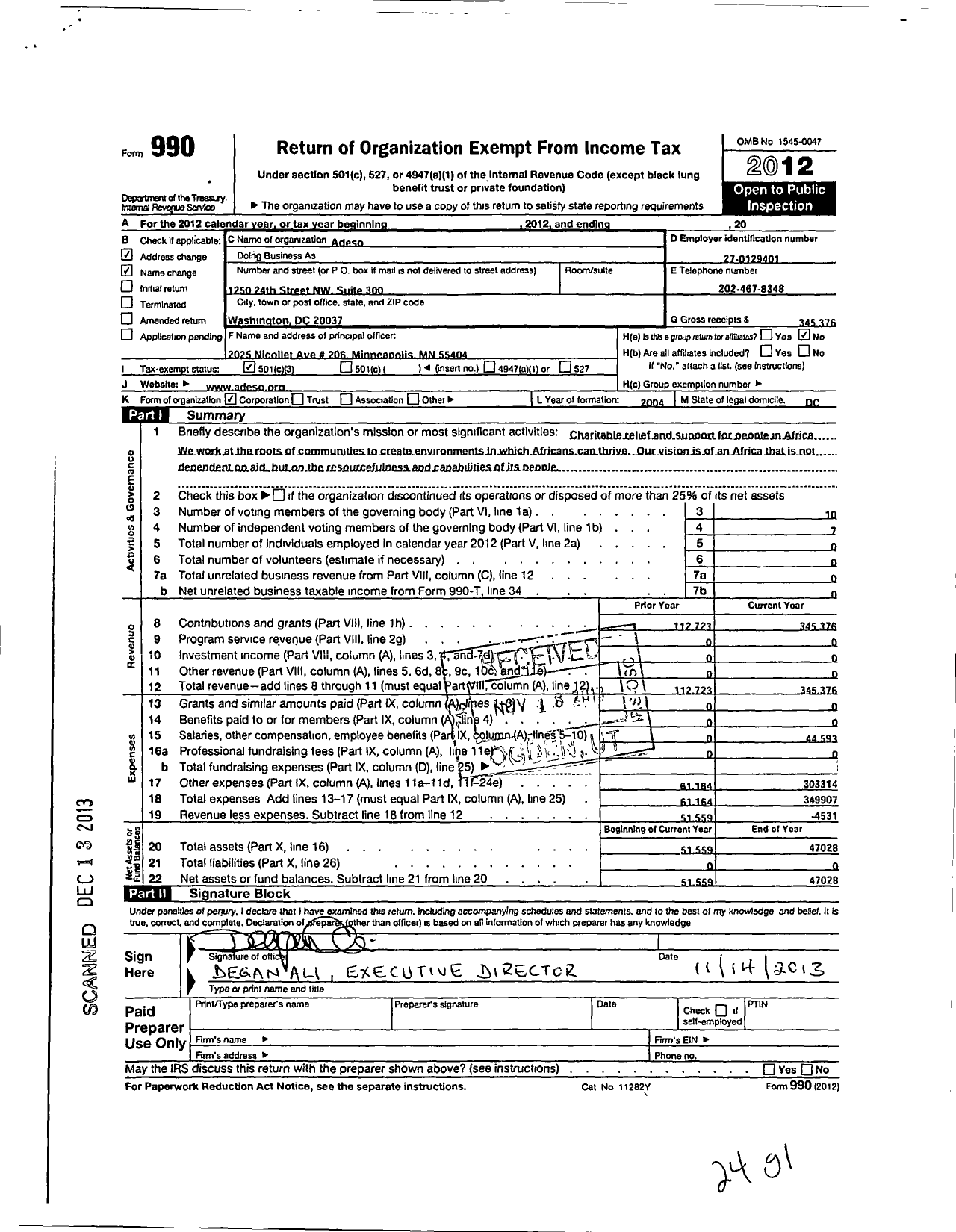 Image of first page of 2012 Form 990 for Adeso
