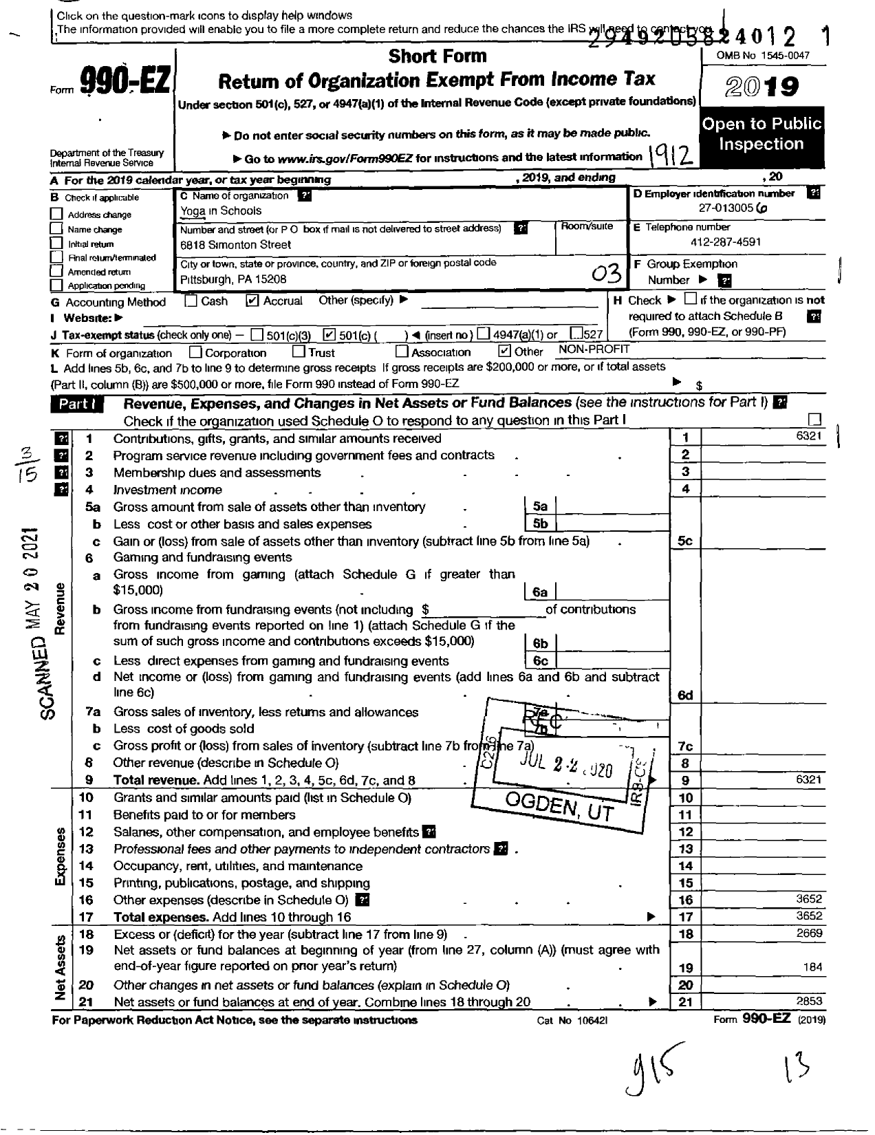 Image of first page of 2019 Form 990EZ for Yoga in Schools