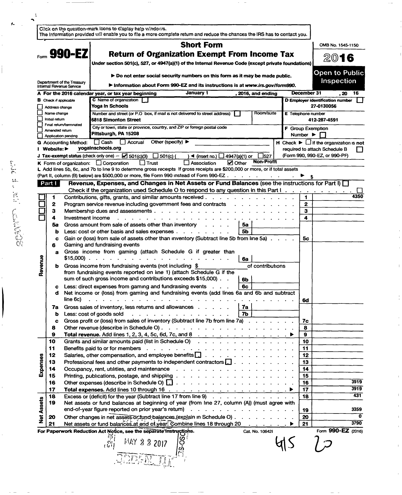 Image of first page of 2016 Form 990EZ for Yoga in Schools