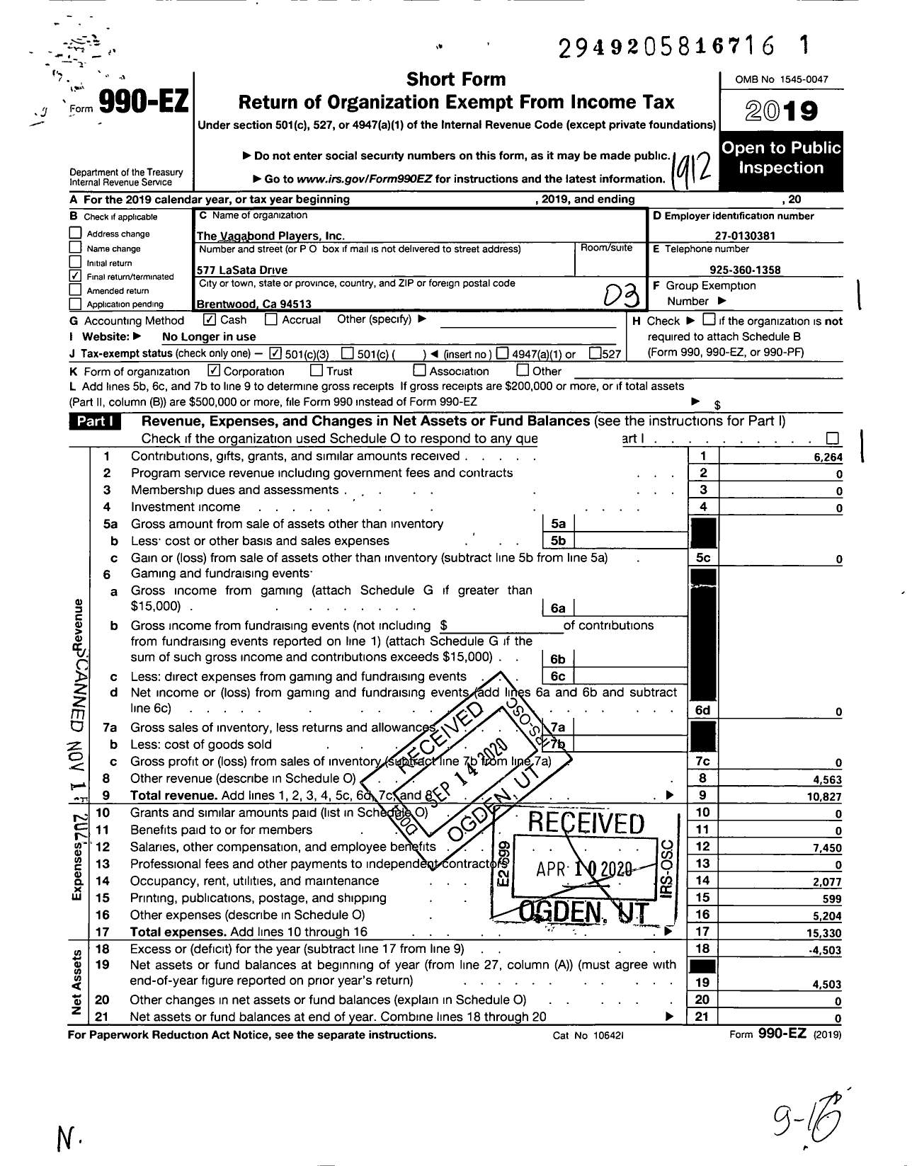 Image of first page of 2019 Form 990EZ for Vagabond Players