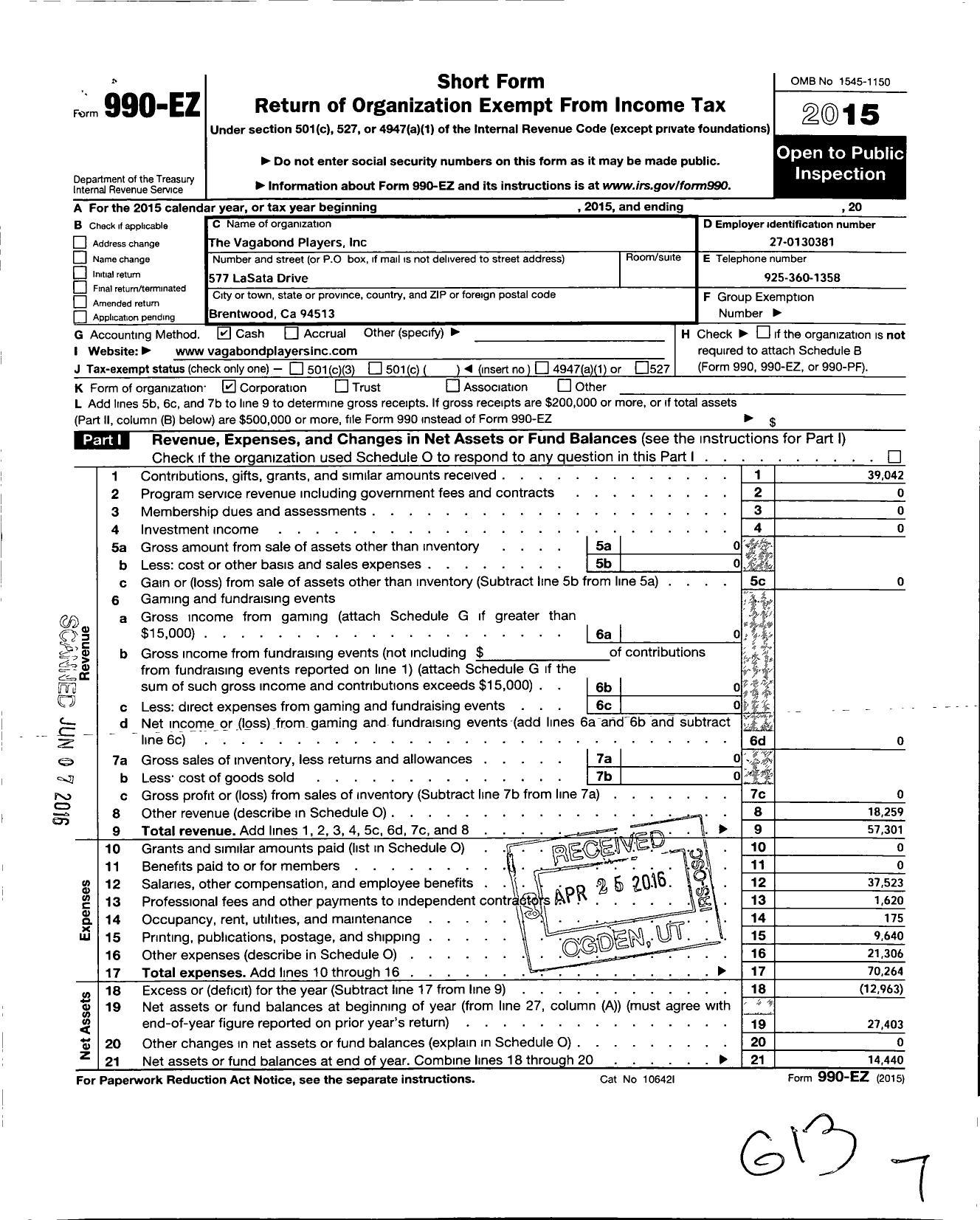 Image of first page of 2015 Form 990EO for Vagabond Players