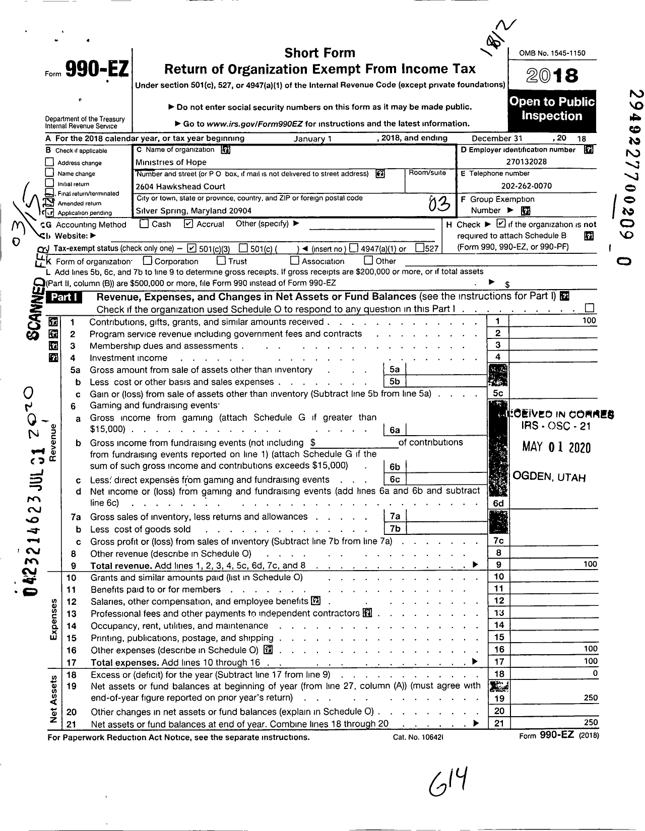 Image of first page of 2018 Form 990EZ for Ministries of Hope