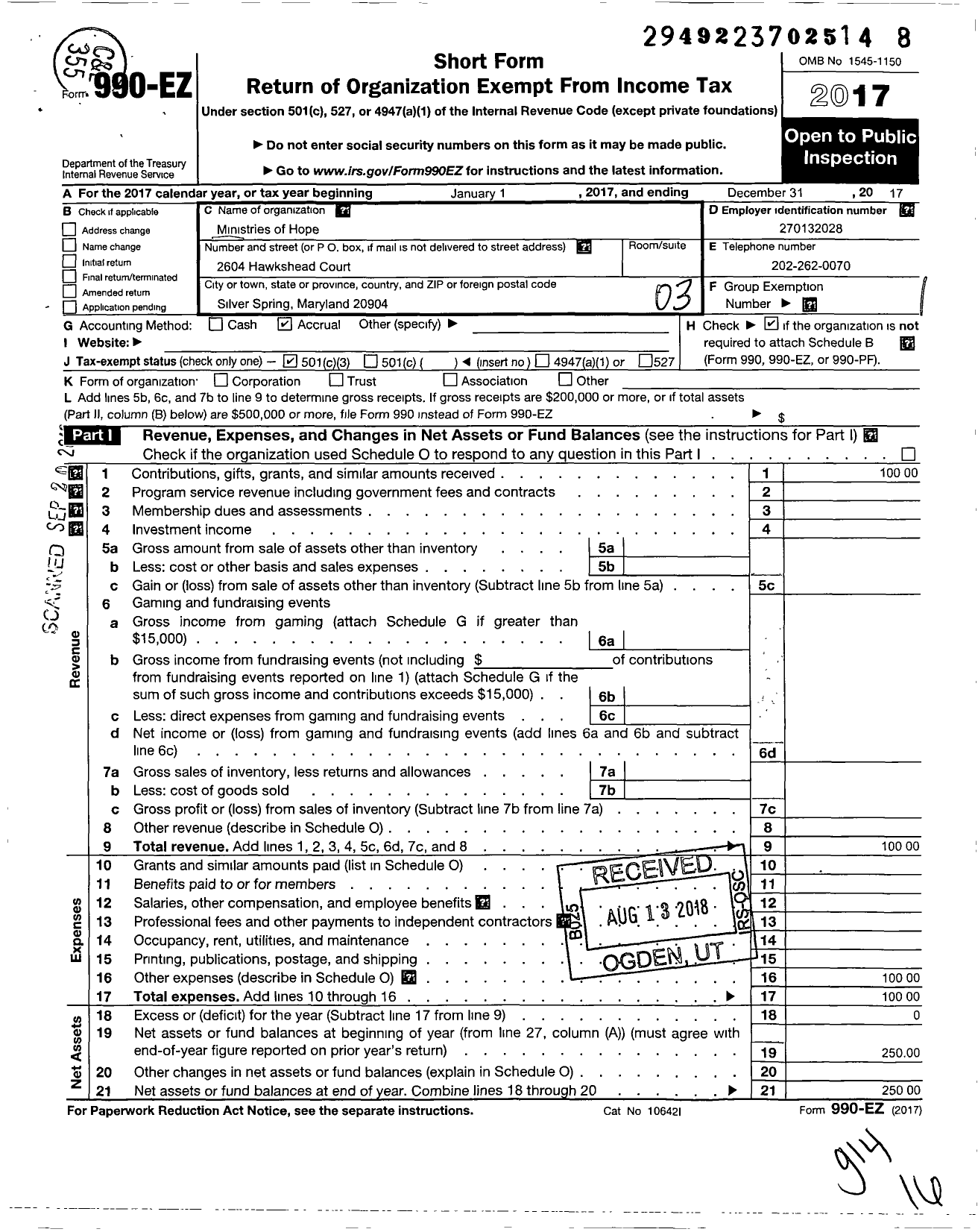 Image of first page of 2017 Form 990EZ for Ministries of Hope