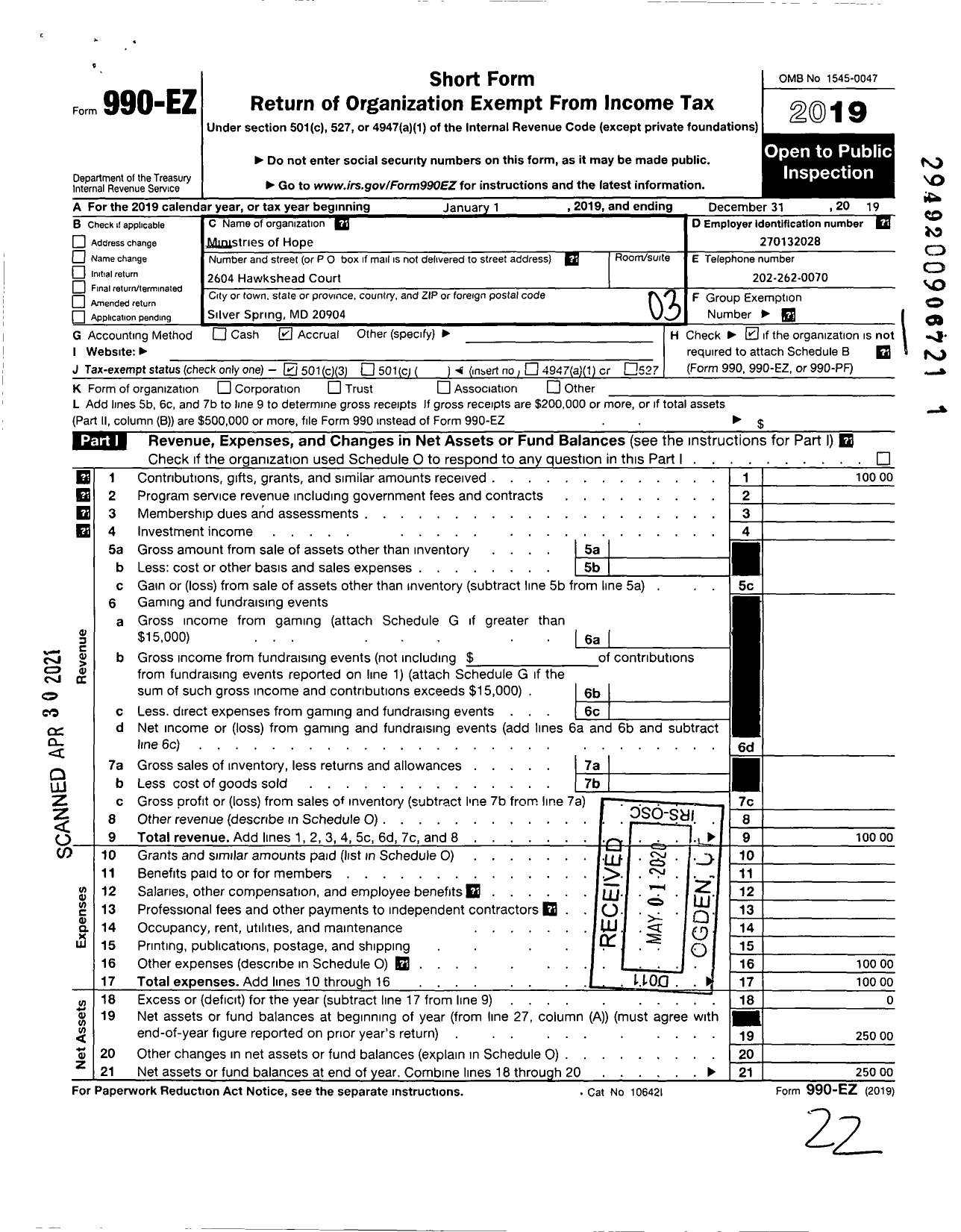 Image of first page of 2019 Form 990EZ for Ministries of Hope