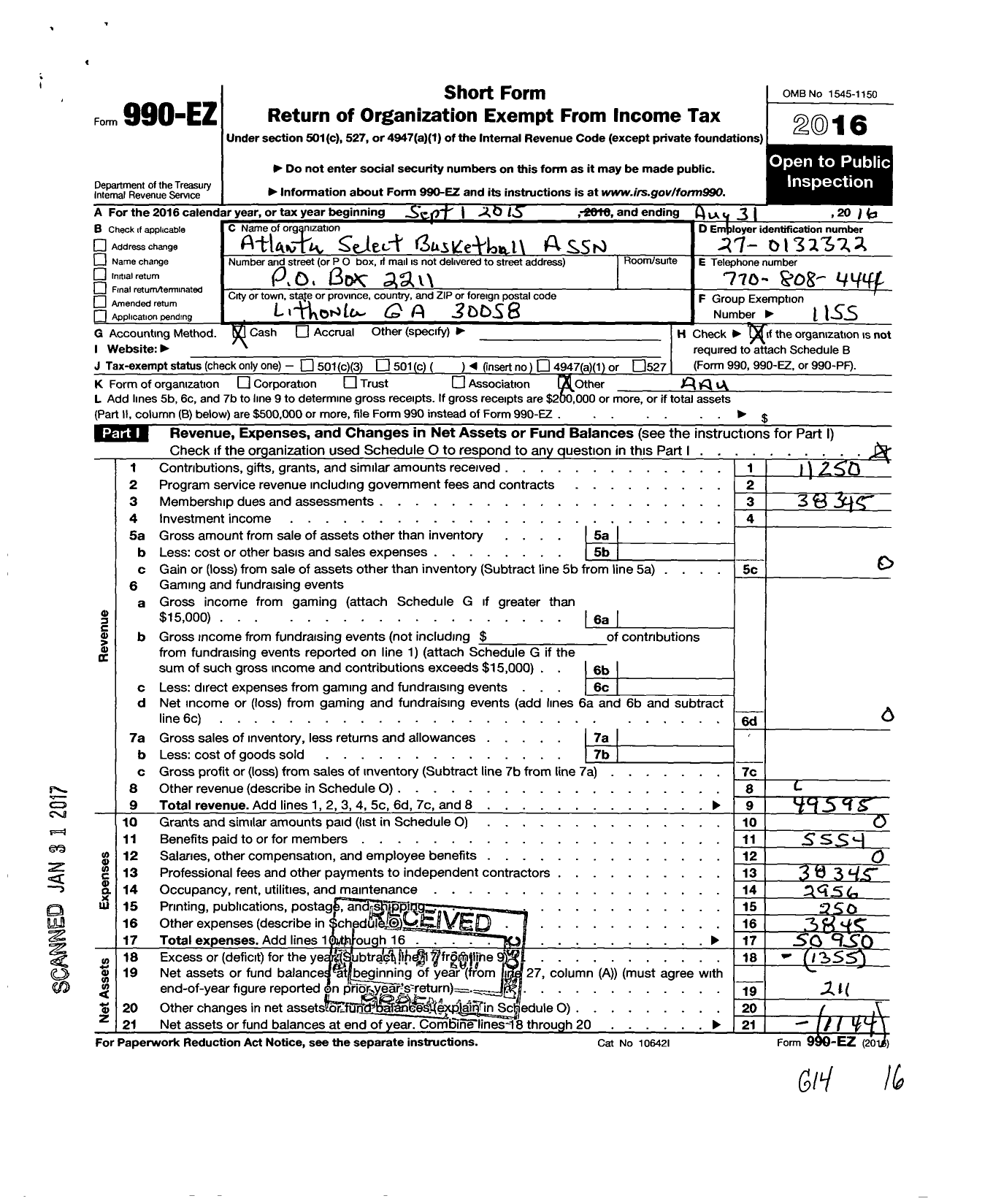 Image of first page of 2015 Form 990EO for Amateur Athletic Union - Atlanta Select Basketball Associati