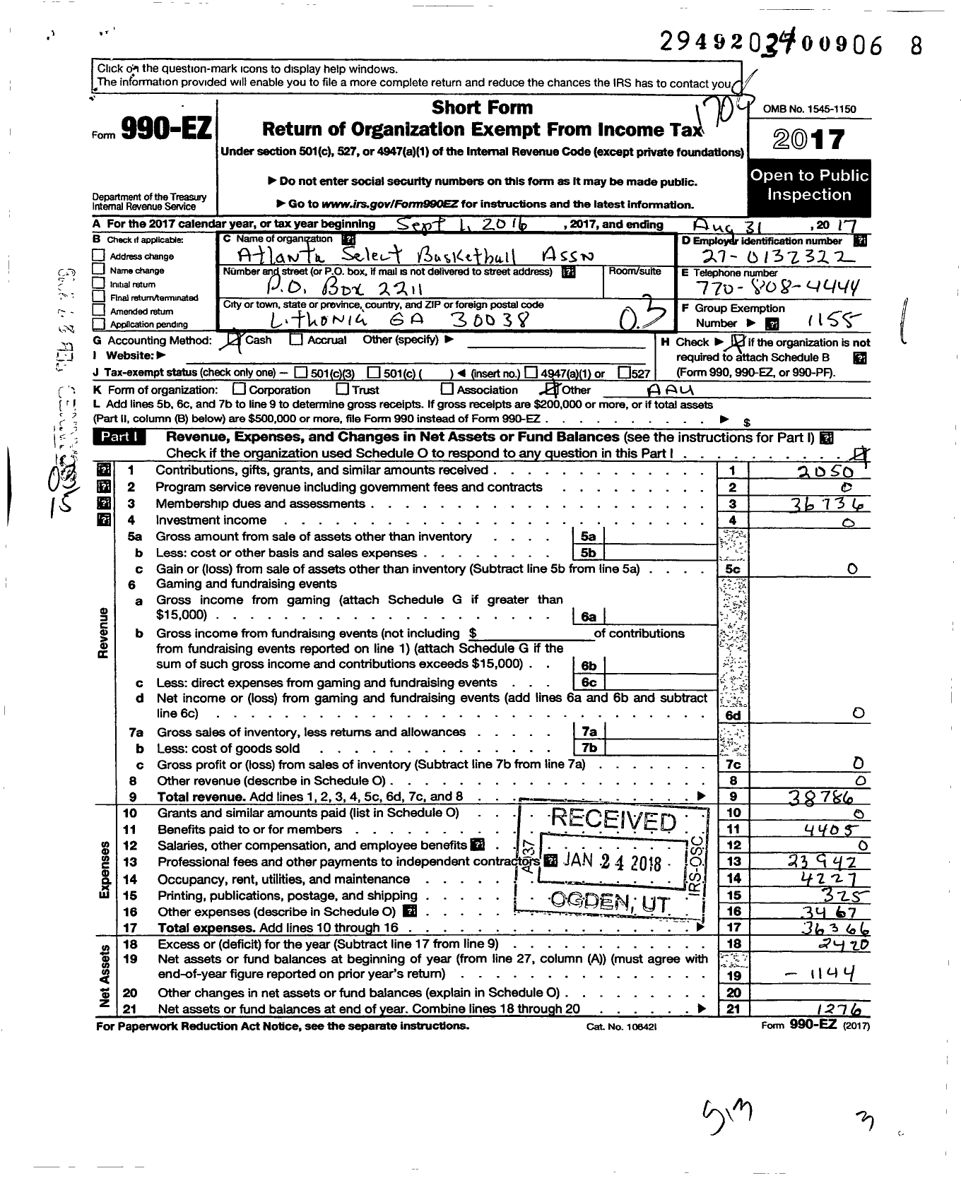 Image of first page of 2016 Form 990EZ for Amateur Athletic Union - Atlanta Select Basketball Associati