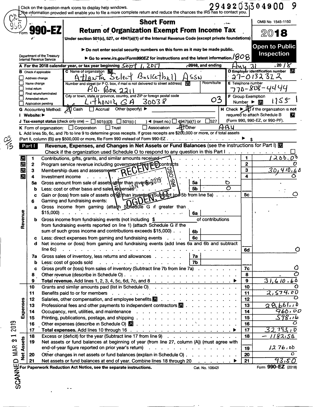 Image of first page of 2017 Form 990EZ for Amateur Athletic Union - Atlanta Select Basketball Associati