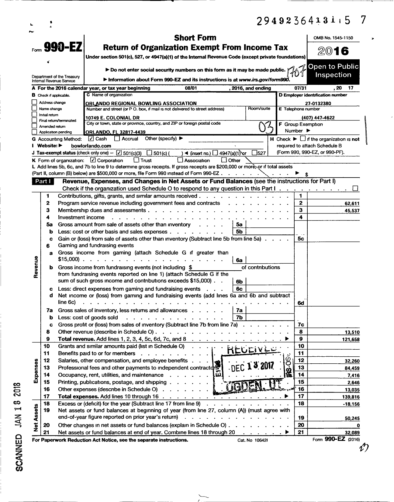 Image of first page of 2016 Form 990EZ for United States Bowling Congress - 86454 Orlando Regional Usbc