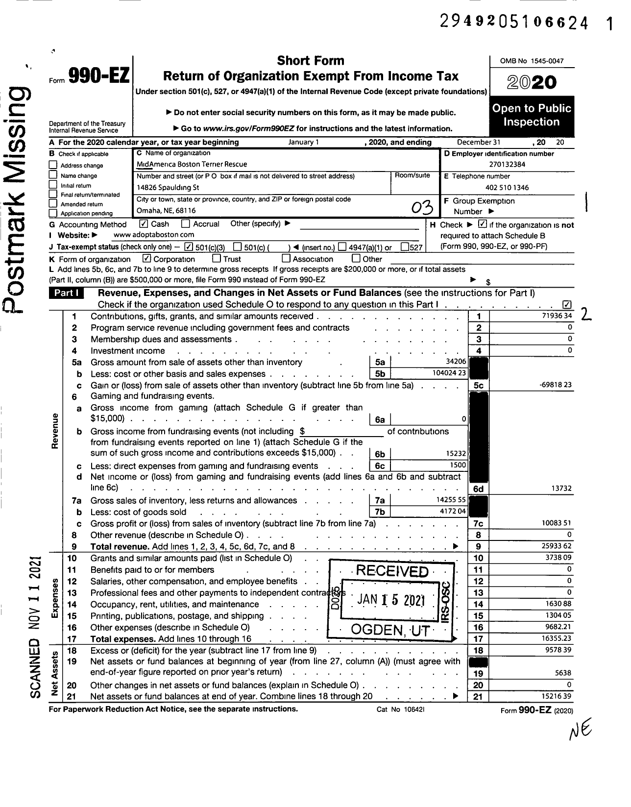 Image of first page of 2020 Form 990EZ for Midamerica Boston Terrier Rescue