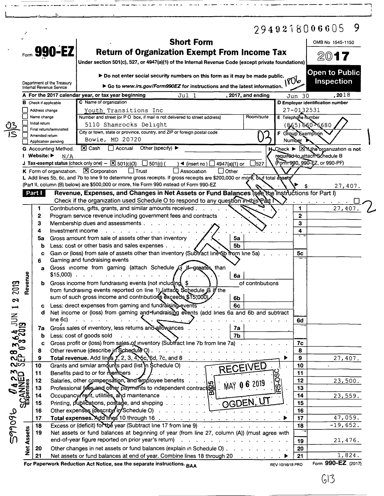 Image of first page of 2017 Form 990EZ for Youth Transitions