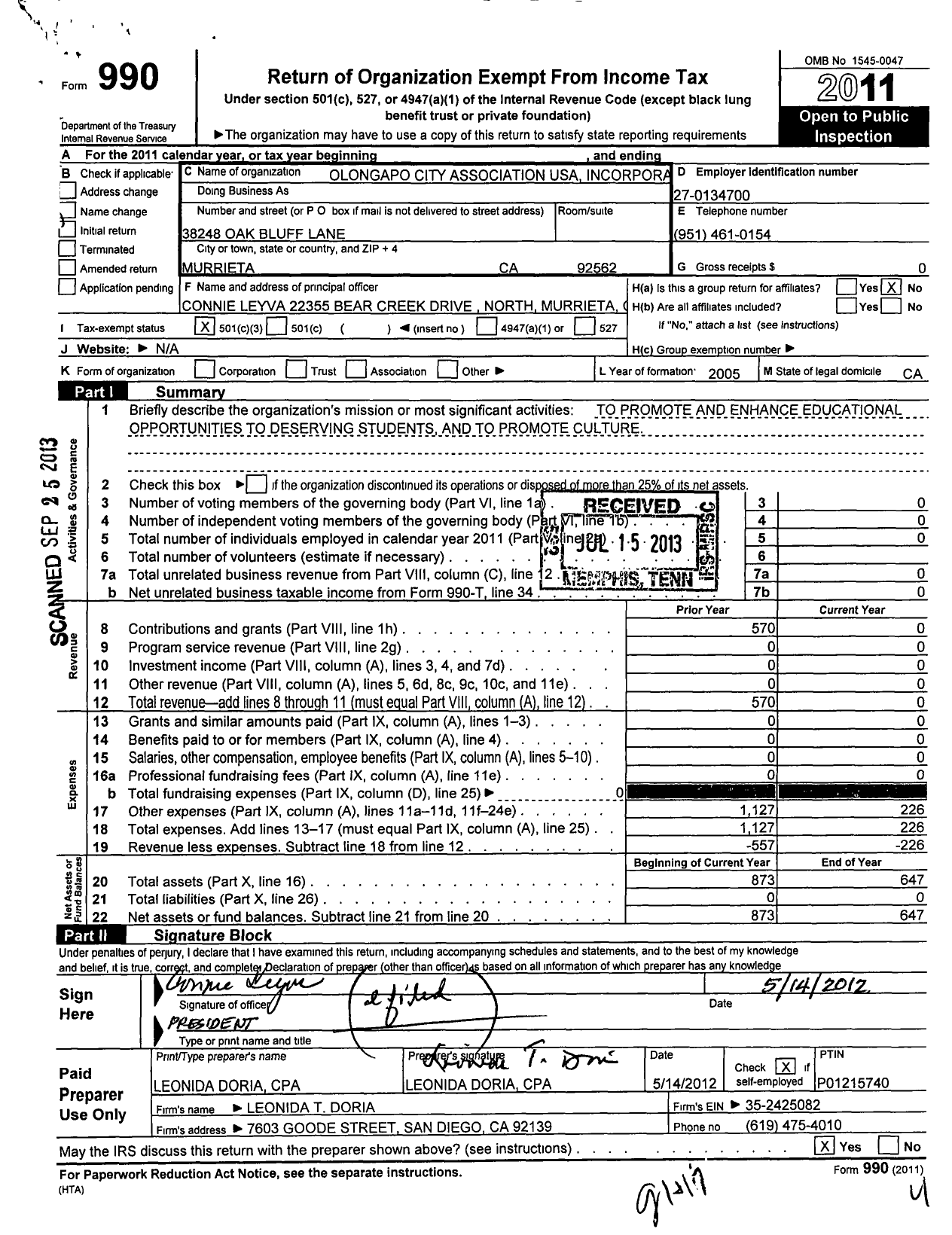 Image of first page of 2011 Form 990 for Olongapo City Association USA