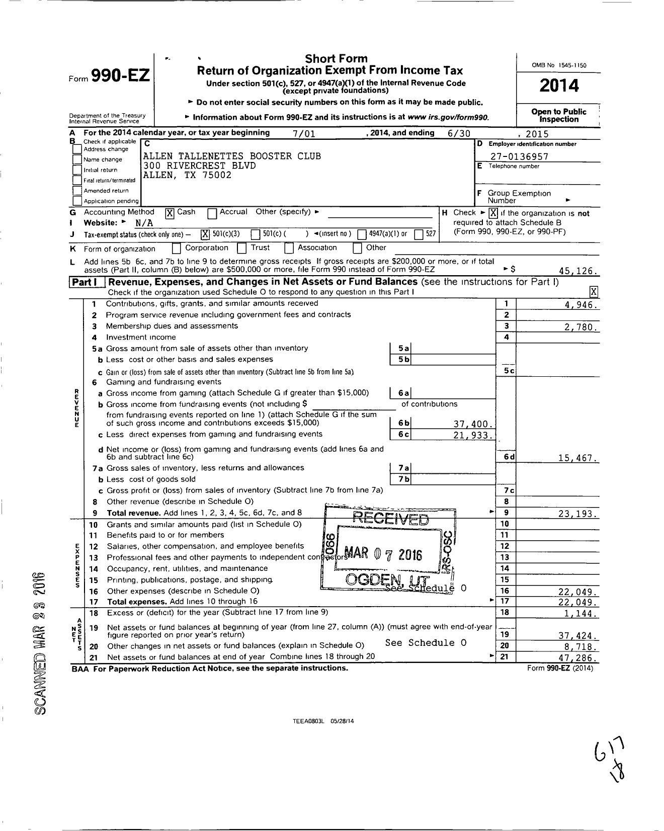 Image of first page of 2014 Form 990EZ for Allen Tallenettes Booster Club