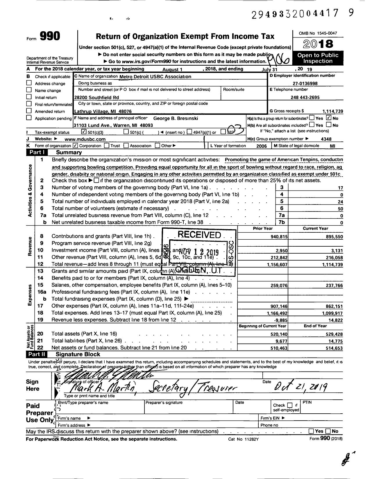 Image of first page of 2018 Form 990 for United States Bowling Congress - 81508 Metro Detroit USBC