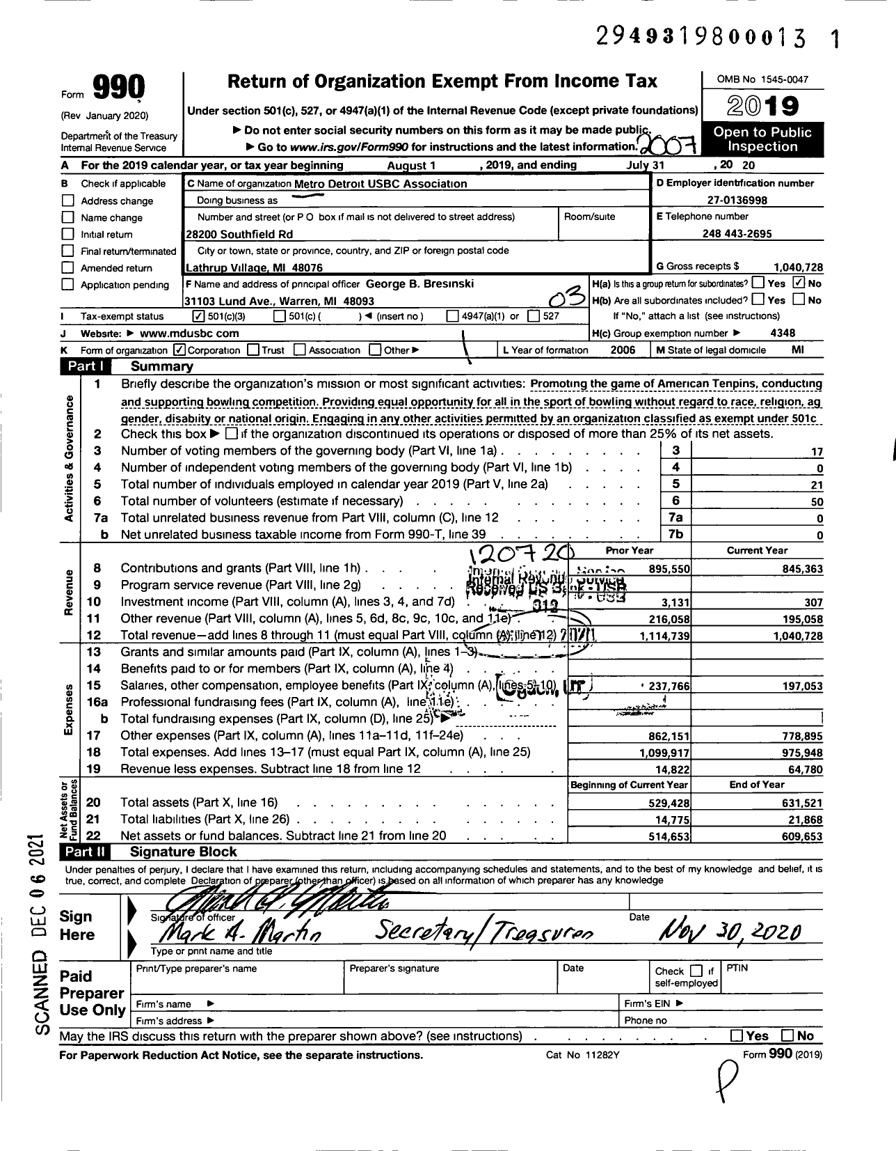 Image of first page of 2019 Form 990 for United States Bowling Congress - 81508 Metro Detroit USBC