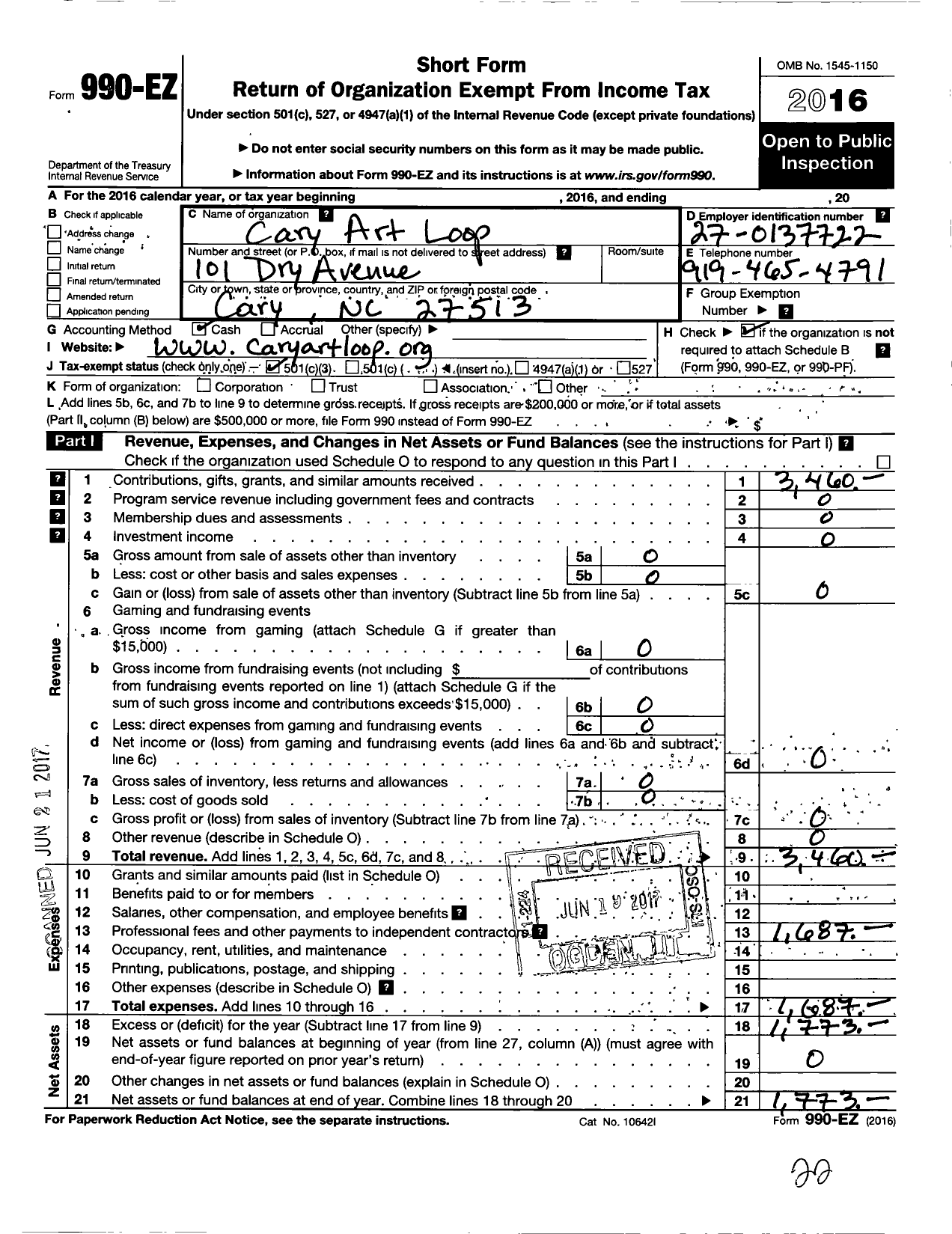 Image of first page of 2016 Form 990EZ for Cary Art Loop