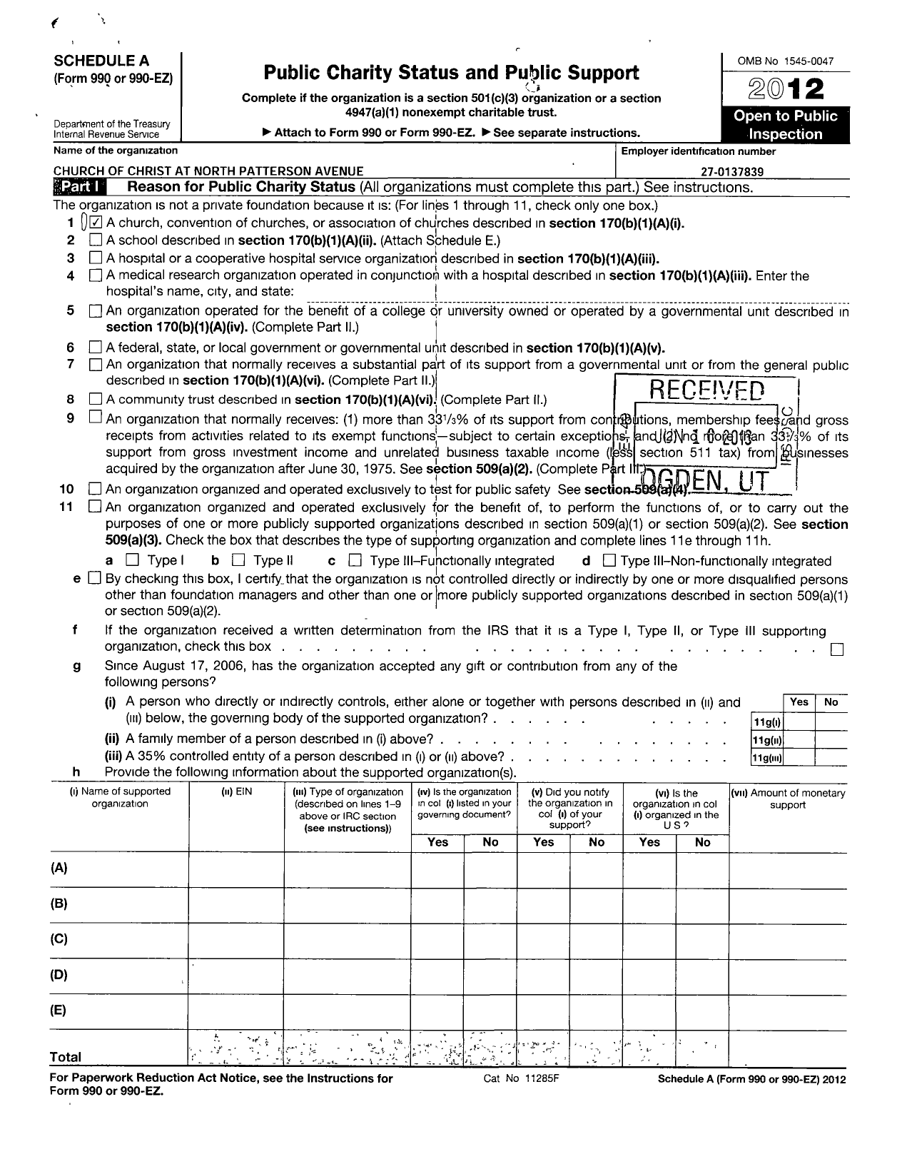 Image of first page of 2012 Form 990ER for Church of Christ at North Patterson Avenue