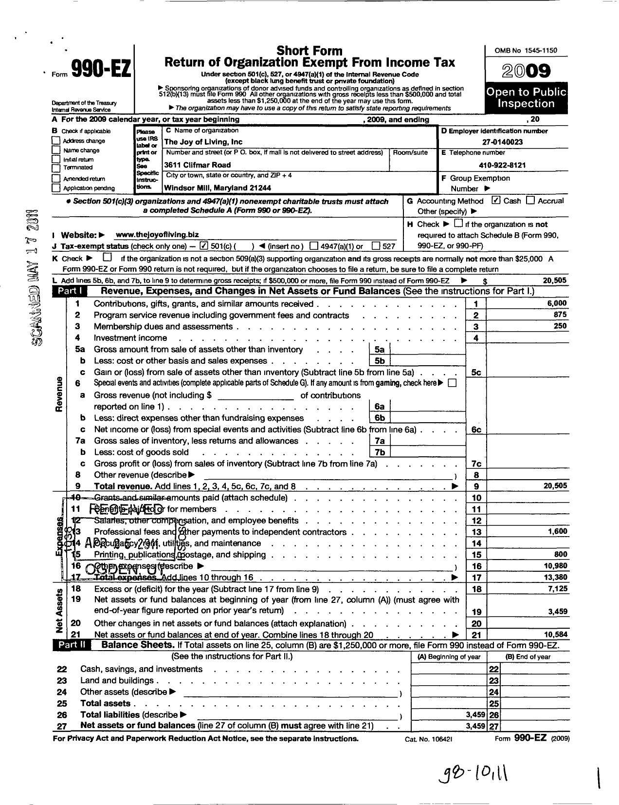 Image of first page of 2009 Form 990EO for The Joy of Livings Women and Children Center