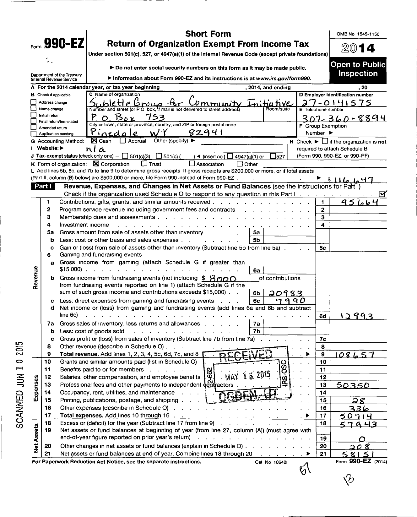 Image of first page of 2014 Form 990EO for Sublette Group for Community Initiative