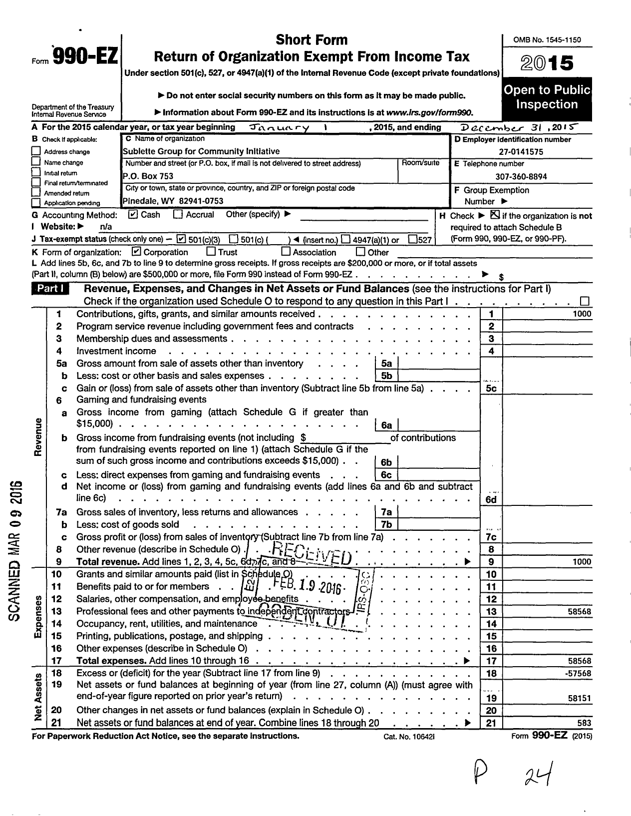 Image of first page of 2015 Form 990EZ for Sublette Group for Community Initiative