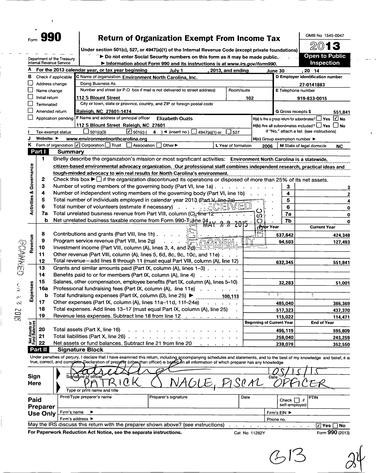 Image of first page of 2013 Form 990O for Environment North Carolina (INC)