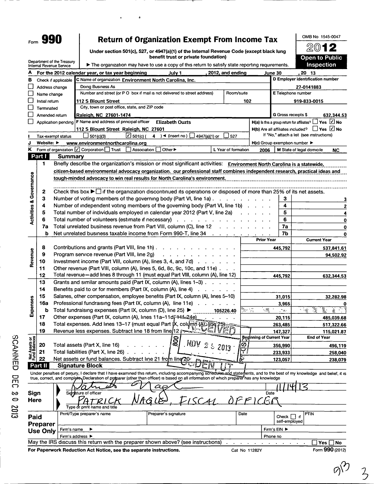 Image of first page of 2012 Form 990O for Environment North Carolina (INC)