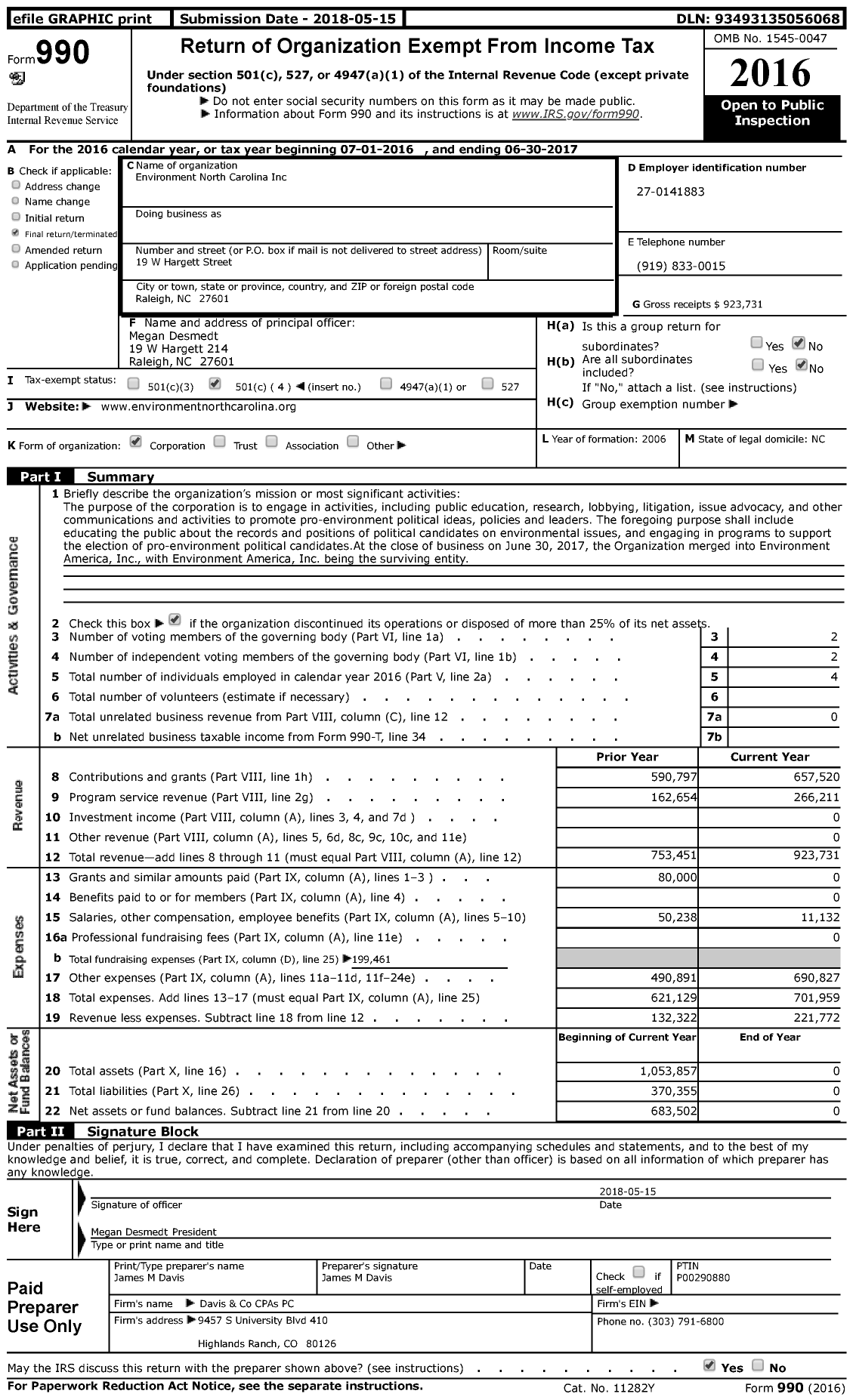 Image of first page of 2016 Form 990 for Environment North Carolina (INC)