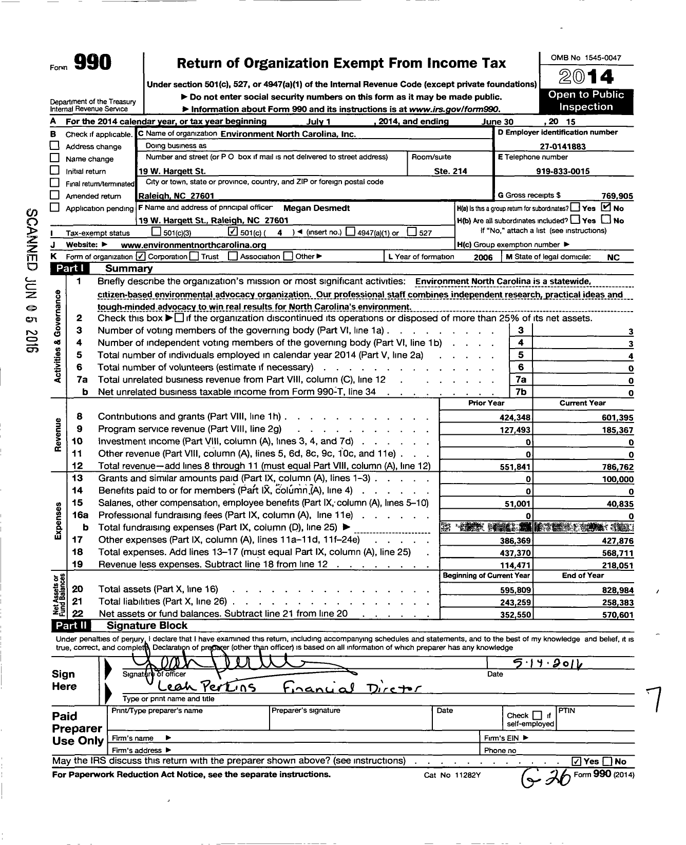 Image of first page of 2014 Form 990O for Environment North Carolina (INC)