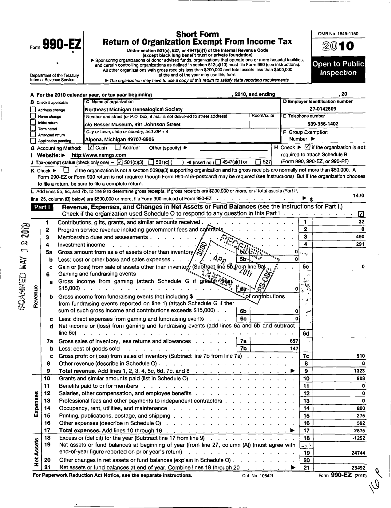 Image of first page of 2010 Form 990EZ for Northeast Michigan Genealogical Soc