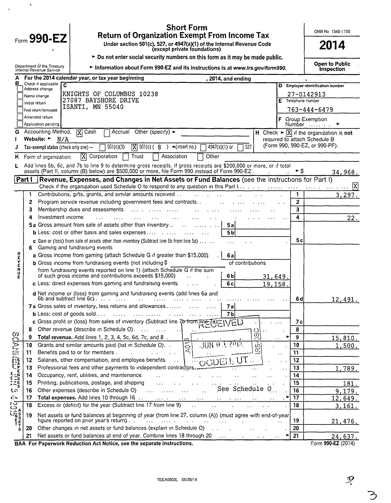 Image of first page of 2014 Form 990EO for Knights of Columbus - 10238 Holy Rosary Council