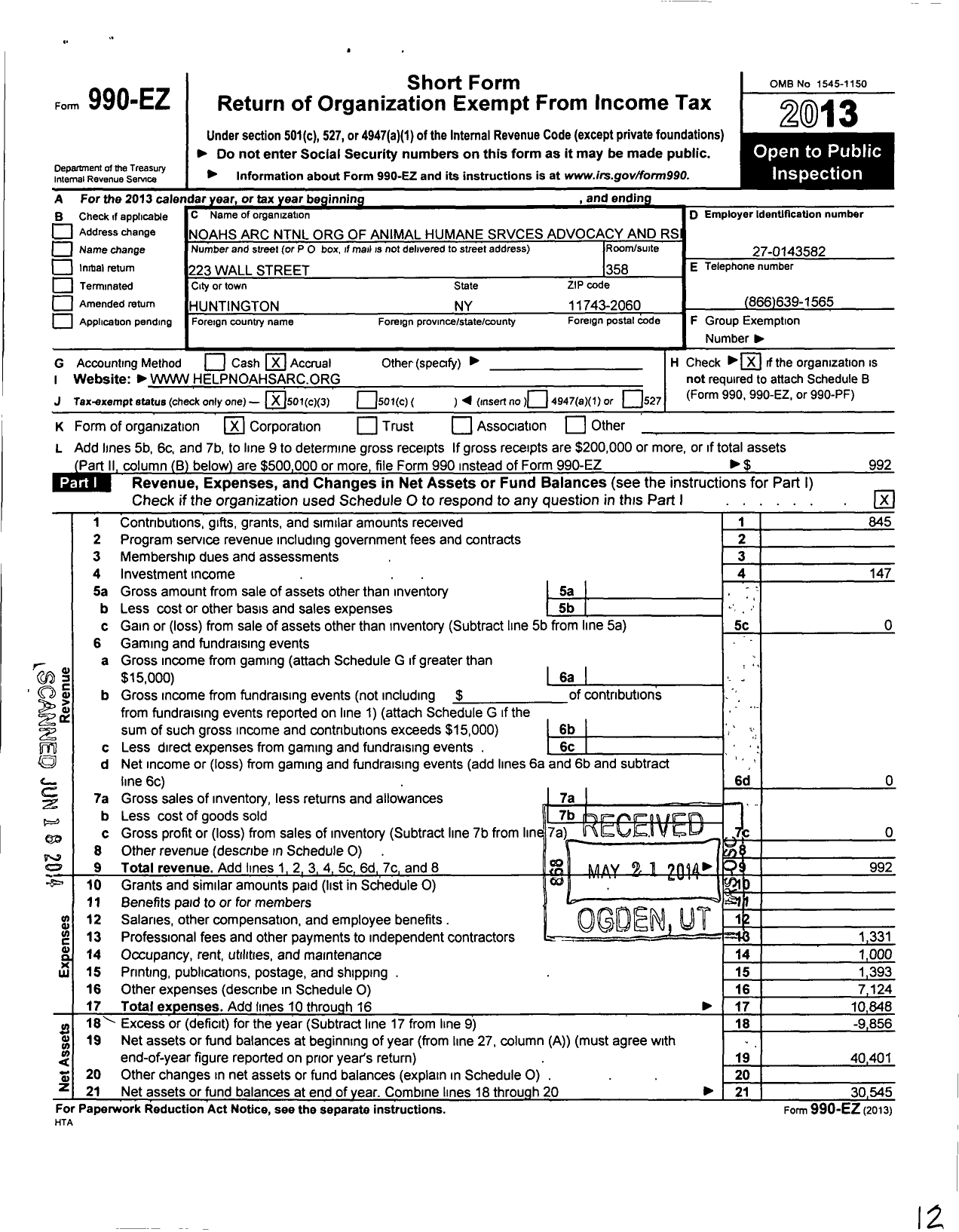 Image of first page of 2013 Form 990EZ for Noahs Arc NTNL Org of Animal Humane Srvces Advocacy and RS