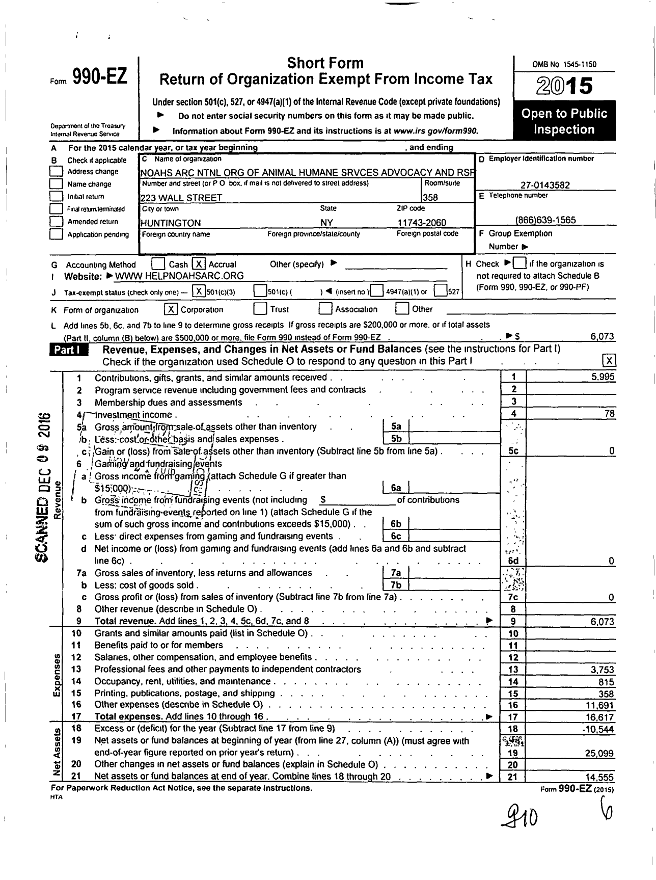 Image of first page of 2015 Form 990EZ for Noahs Arc NTNL Org of Animal Humane Srvces Advocacy and RS