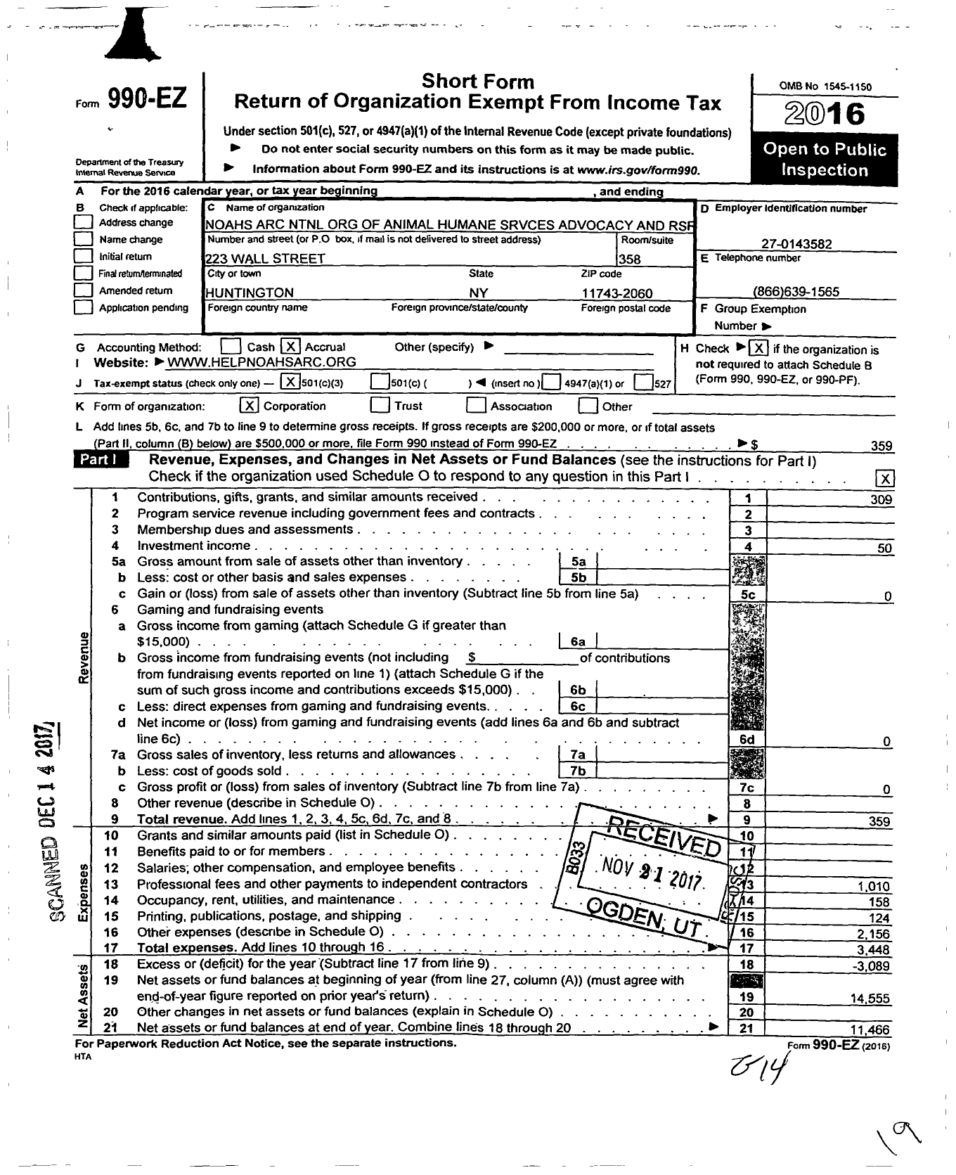 Image of first page of 2016 Form 990EZ for Noahs Arc NTNL Org of Animal Humane Srvces Advocacy and RS