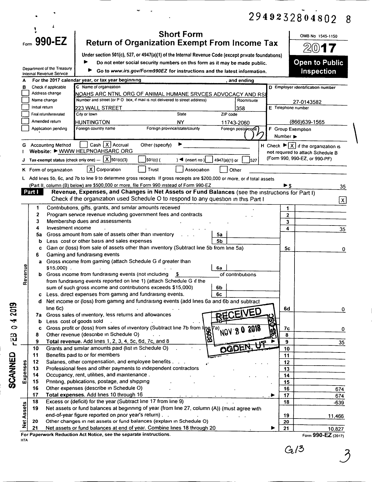 Image of first page of 2017 Form 990EZ for Noahs Arc NTNL Org of Animal Humane Srvces Advocacy and RS