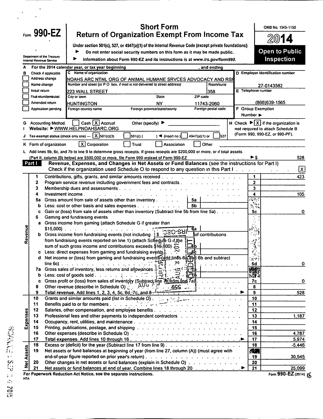 Image of first page of 2014 Form 990EZ for Noahs Arc NTNL Org of Animal Humane Srvces Advocacy and RS