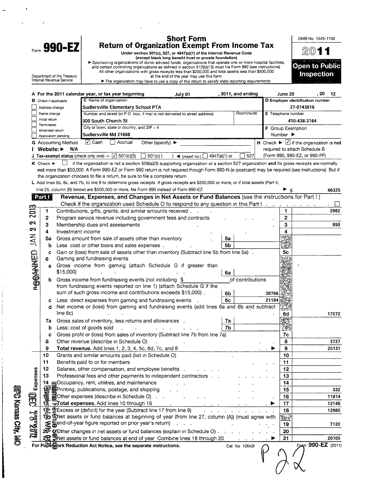 Image of first page of 2011 Form 990EZ for PTA Maryland Congress of Parents and Teachers / Suldersville Elementary School PTA