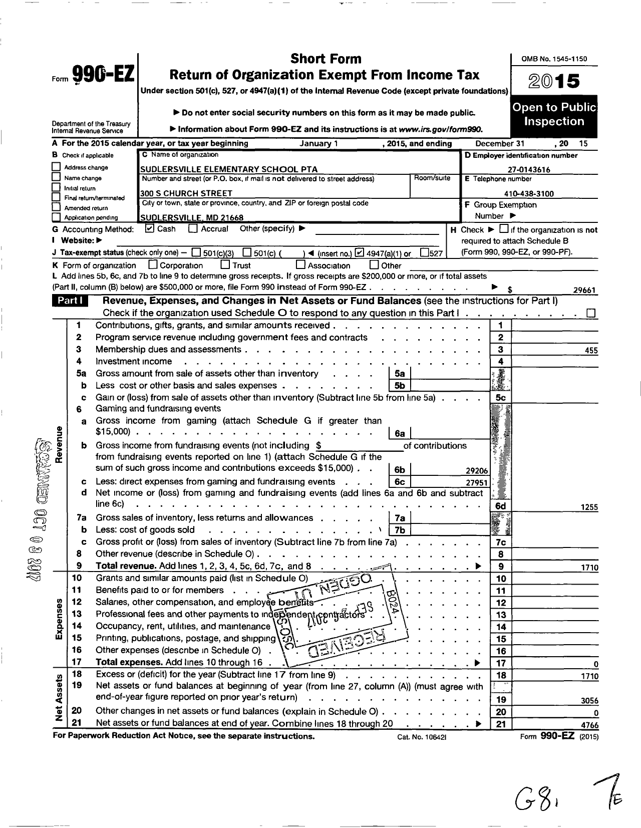 Image of first page of 2015 Form 990EO for PTA Maryland Congress of Parents and Teachers / Suldersville Elementary School PTA