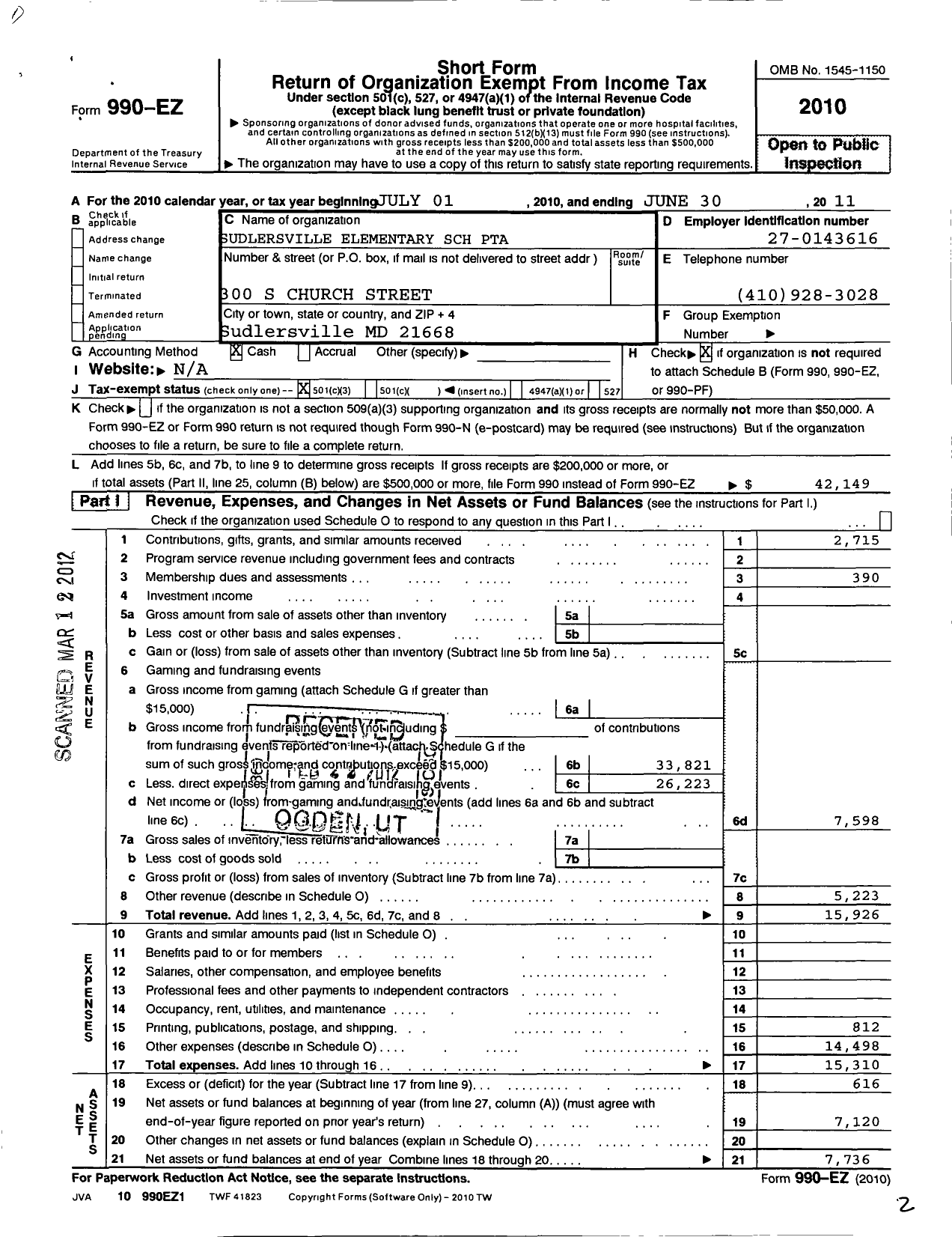 Image of first page of 2010 Form 990EZ for PTA Maryland Congress of Parents and Teachers / Suldersville Elementary School PTA