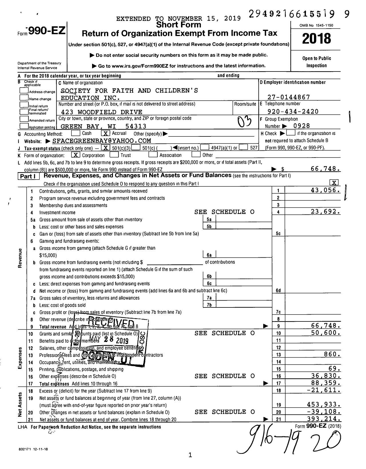 Image of first page of 2018 Form 990EZ for Society for Faith and Children's Education