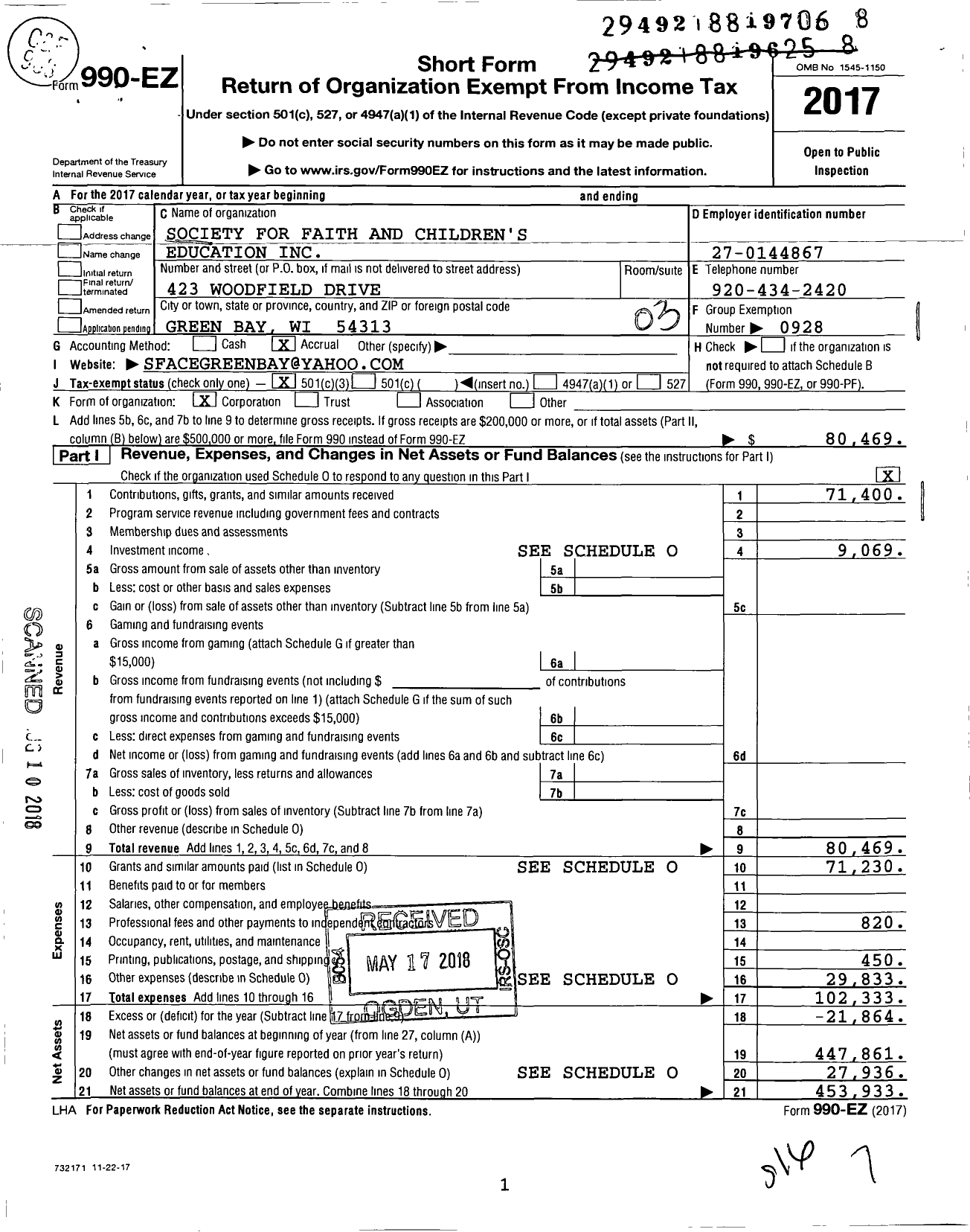 Image of first page of 2017 Form 990EZ for Society for Faith and Children's Education