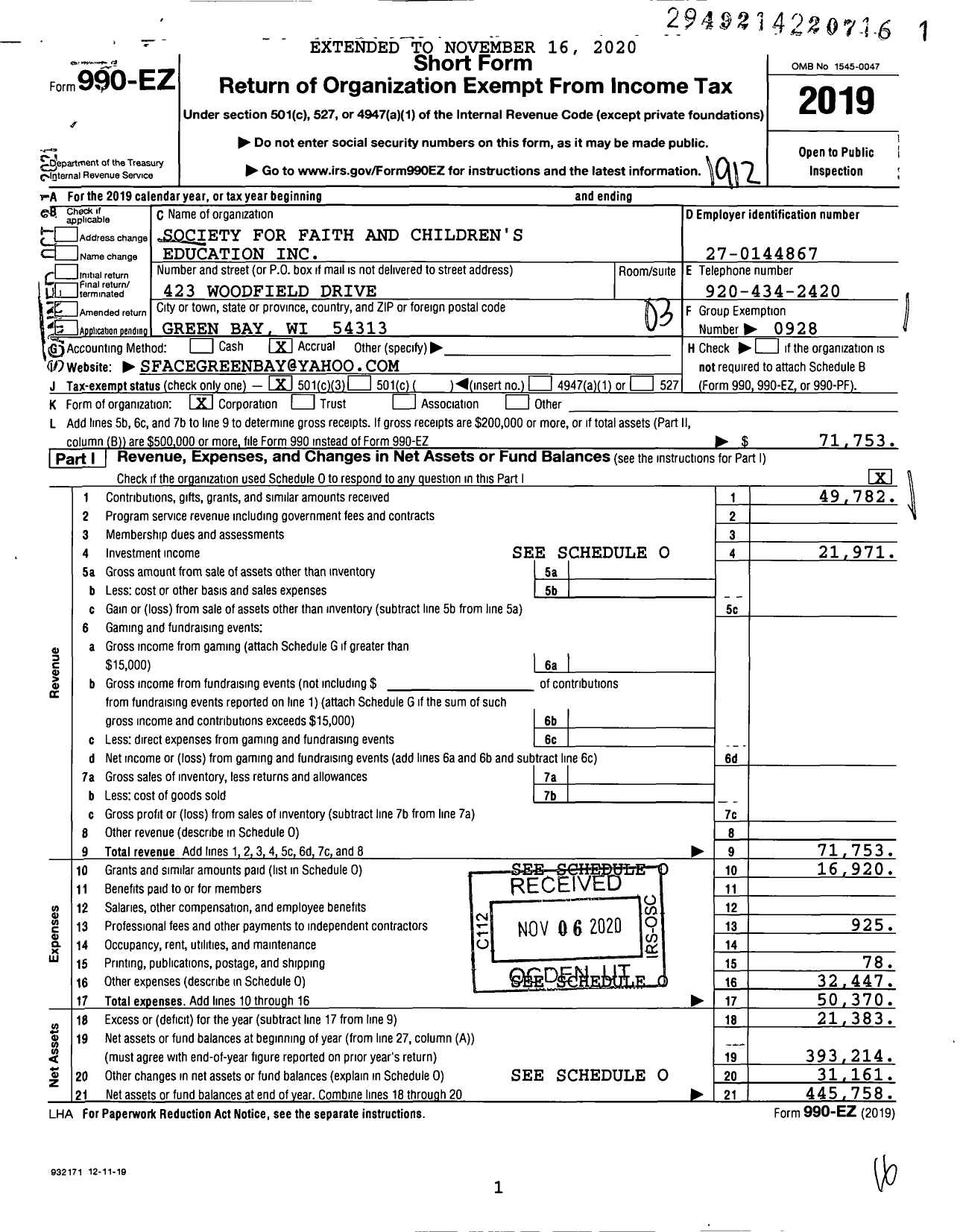 Image of first page of 2019 Form 990EZ for Society for Faith and Children's Education