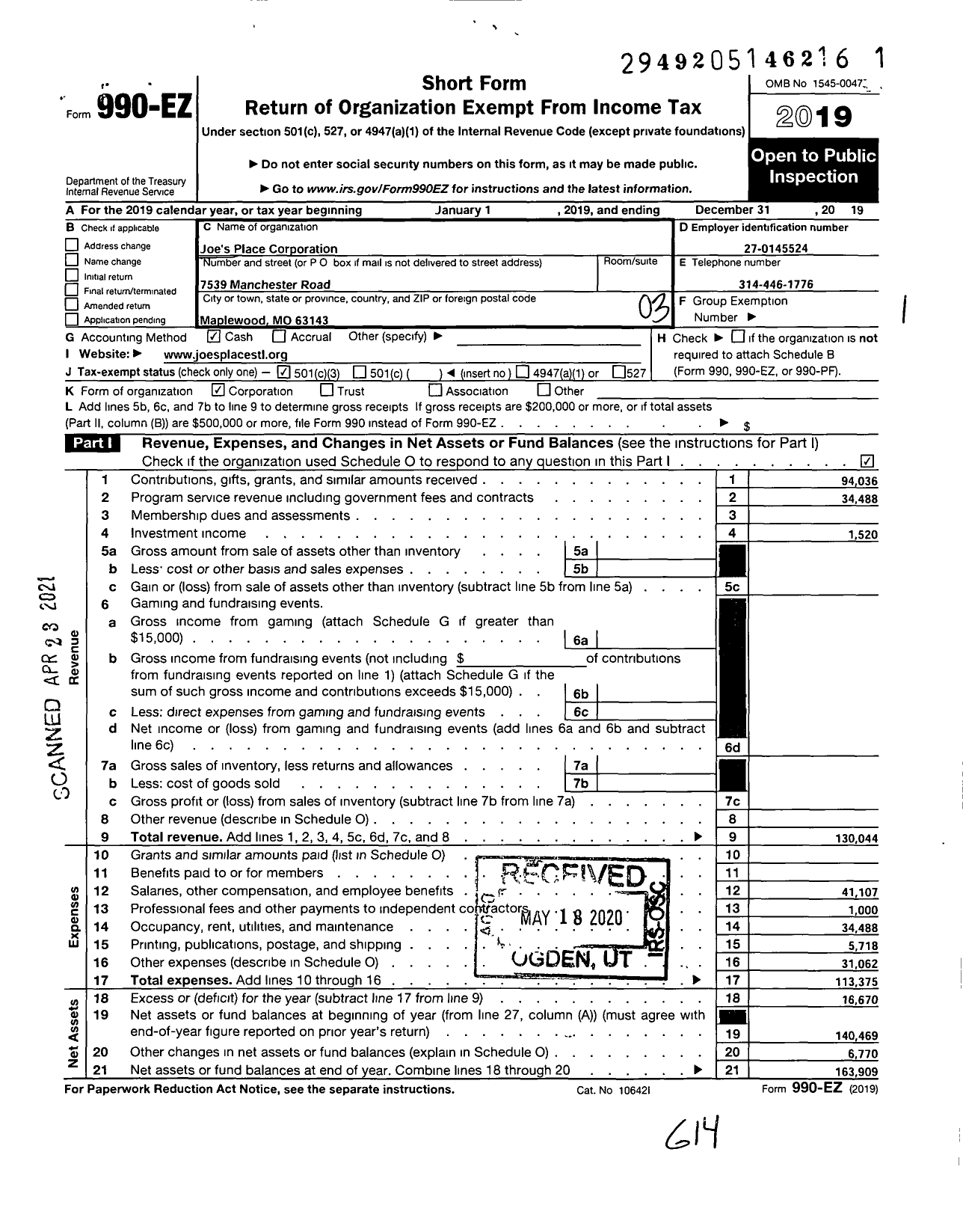 Image of first page of 2019 Form 990EZ for Joes Place Corporation