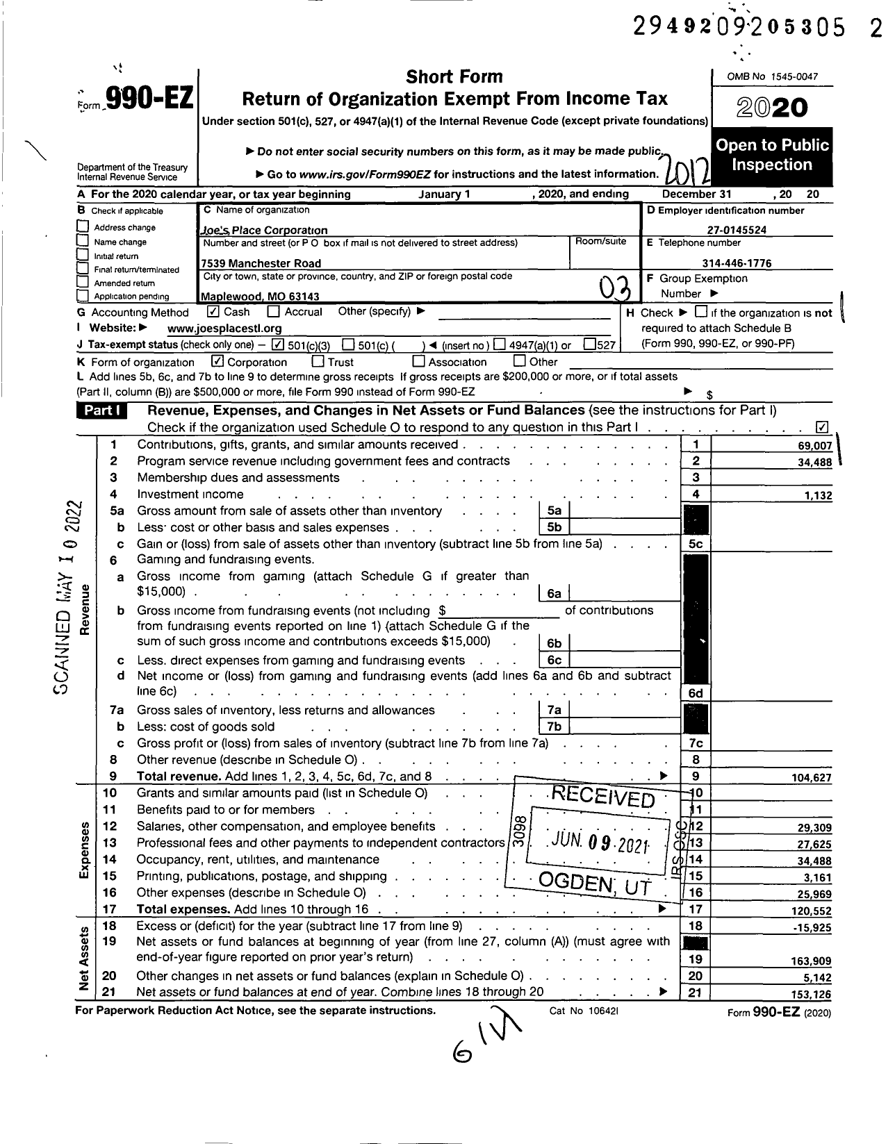 Image of first page of 2020 Form 990EZ for Joes Place Corporation