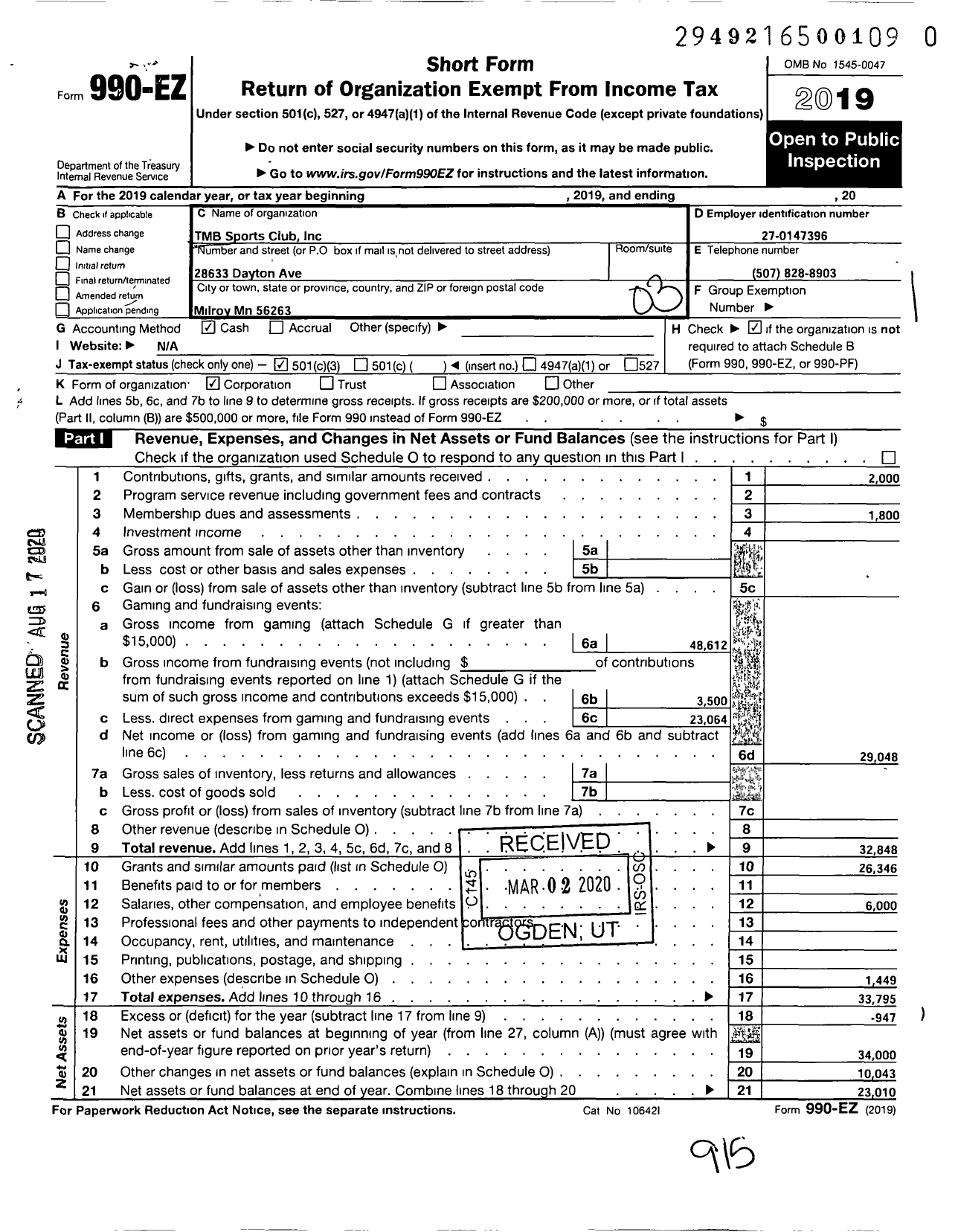 Image of first page of 2019 Form 990EZ for TMB Sports Club