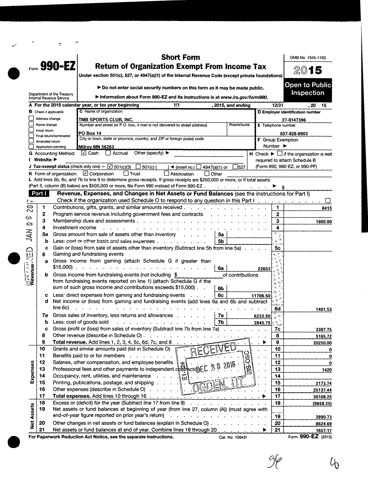 Image of first page of 2015 Form 990EZ for TMB Sports Club